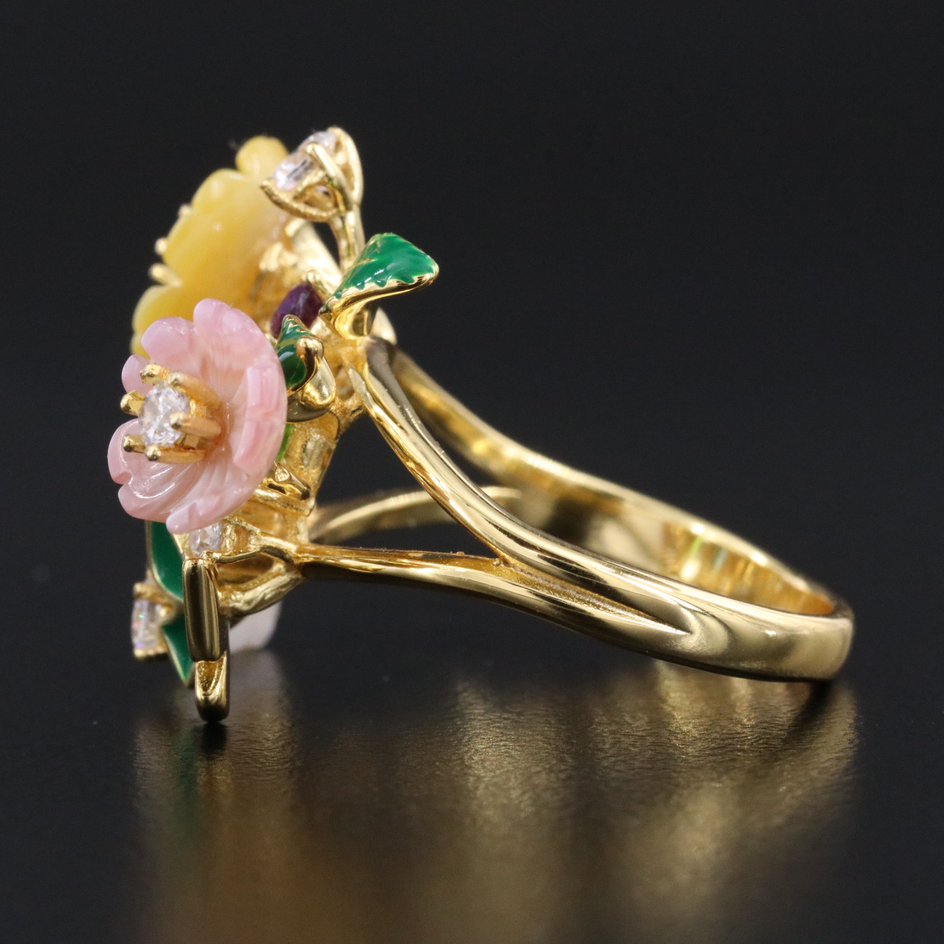 Sterling Floral Ring Featuring Amethyst, Diopside and CZ
