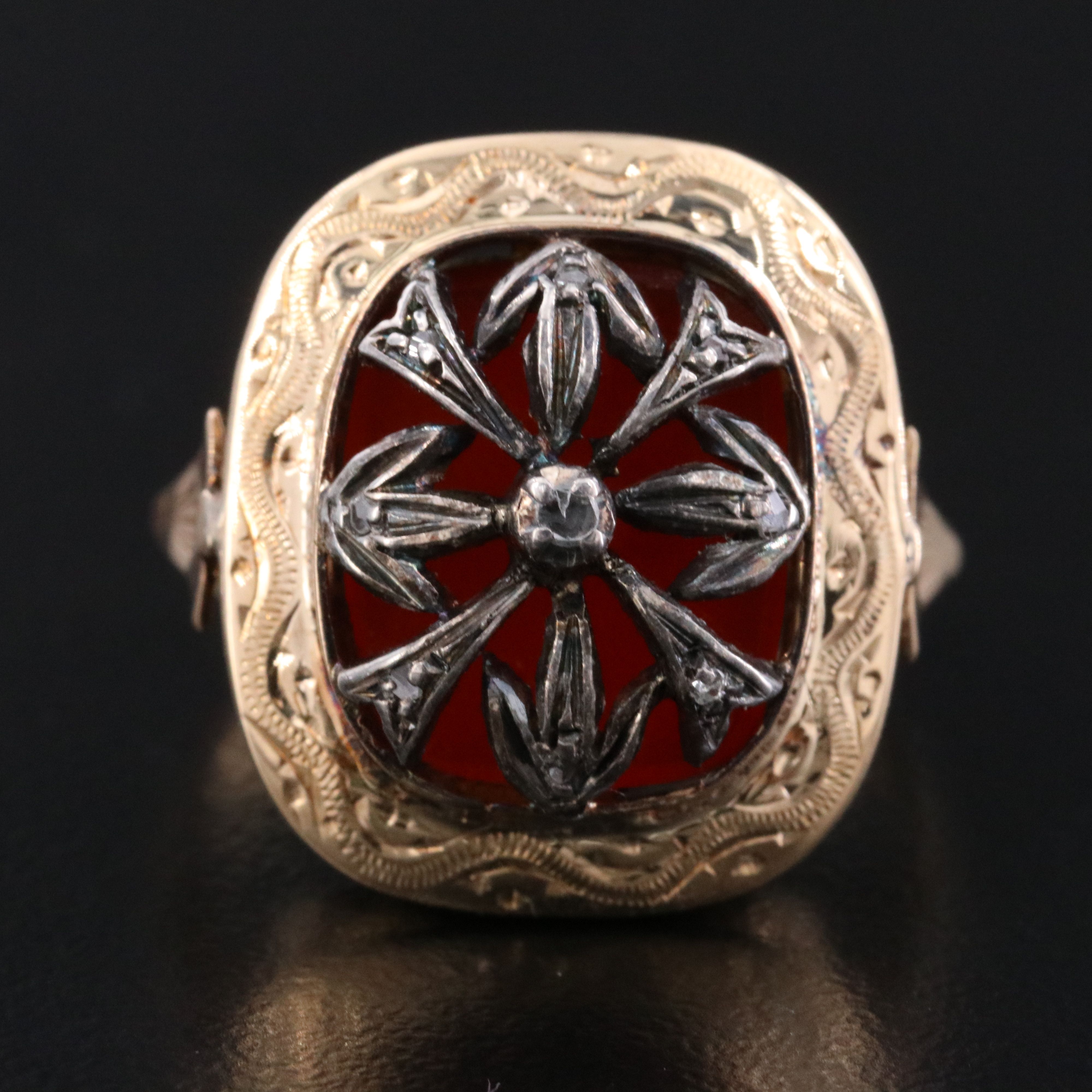 Victorian Style 14K and Sterling Carnelian and Diamond Ring