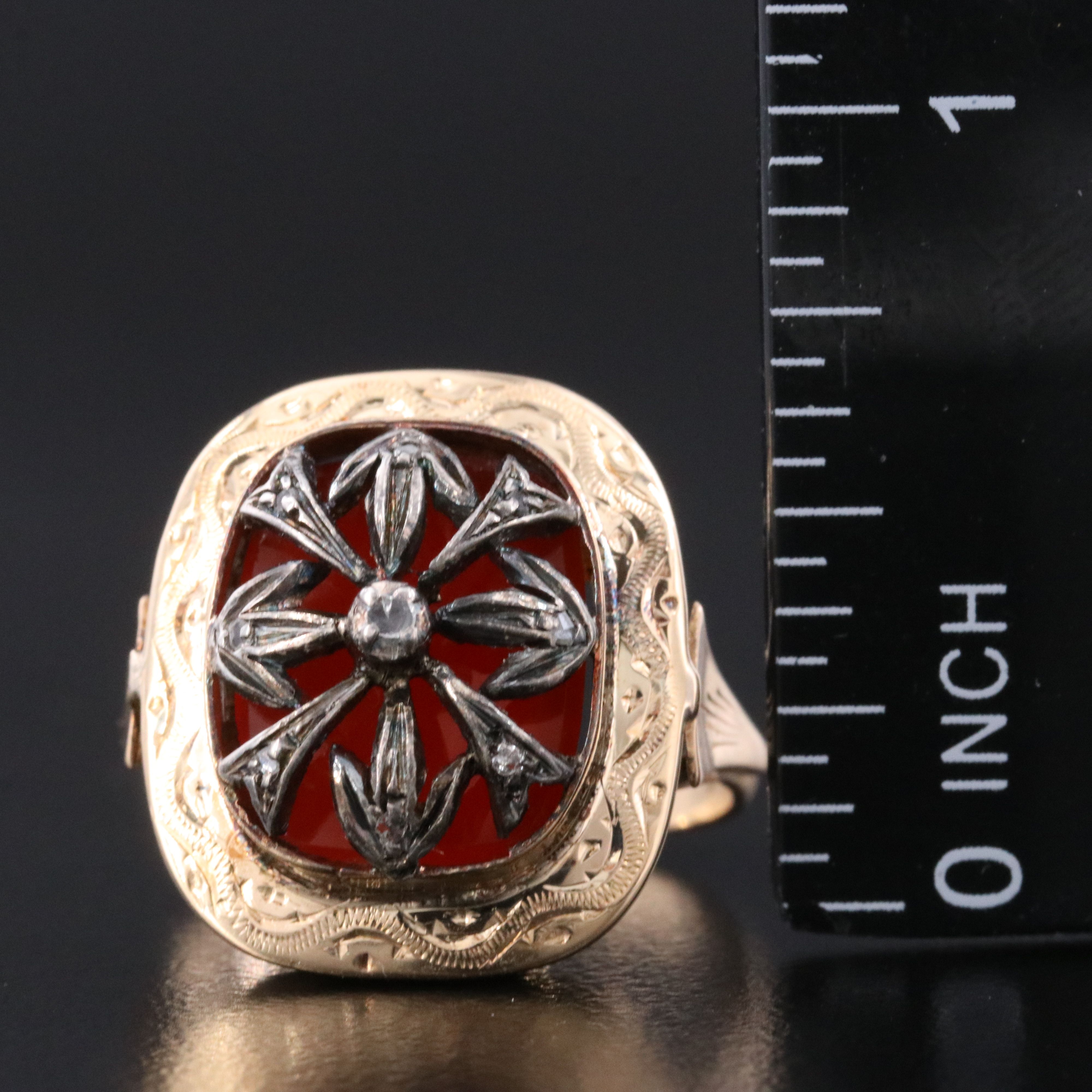Victorian Style 14K and Sterling Carnelian and Diamond Ring