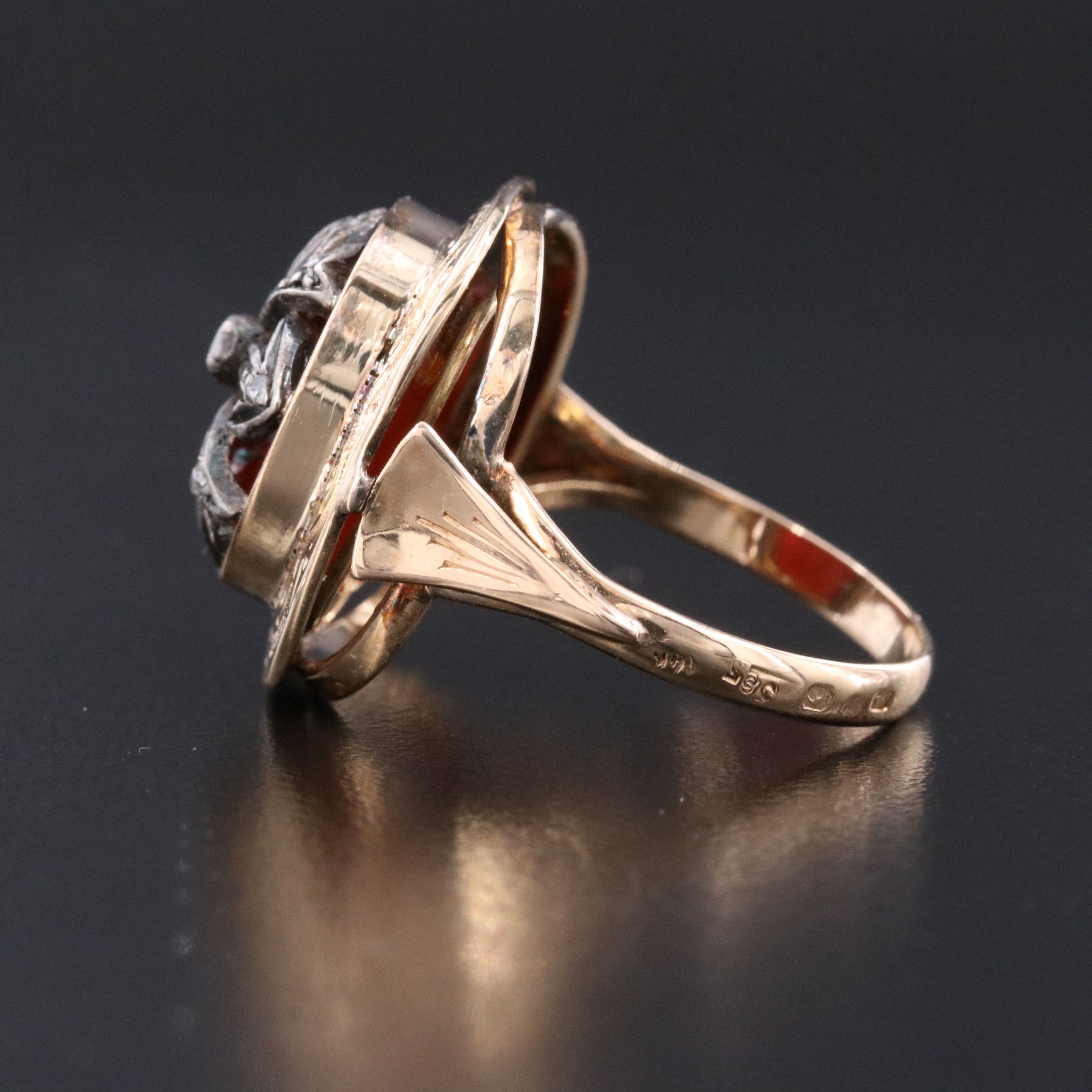 Victorian Style 14K and Sterling Carnelian and Diamond Ring