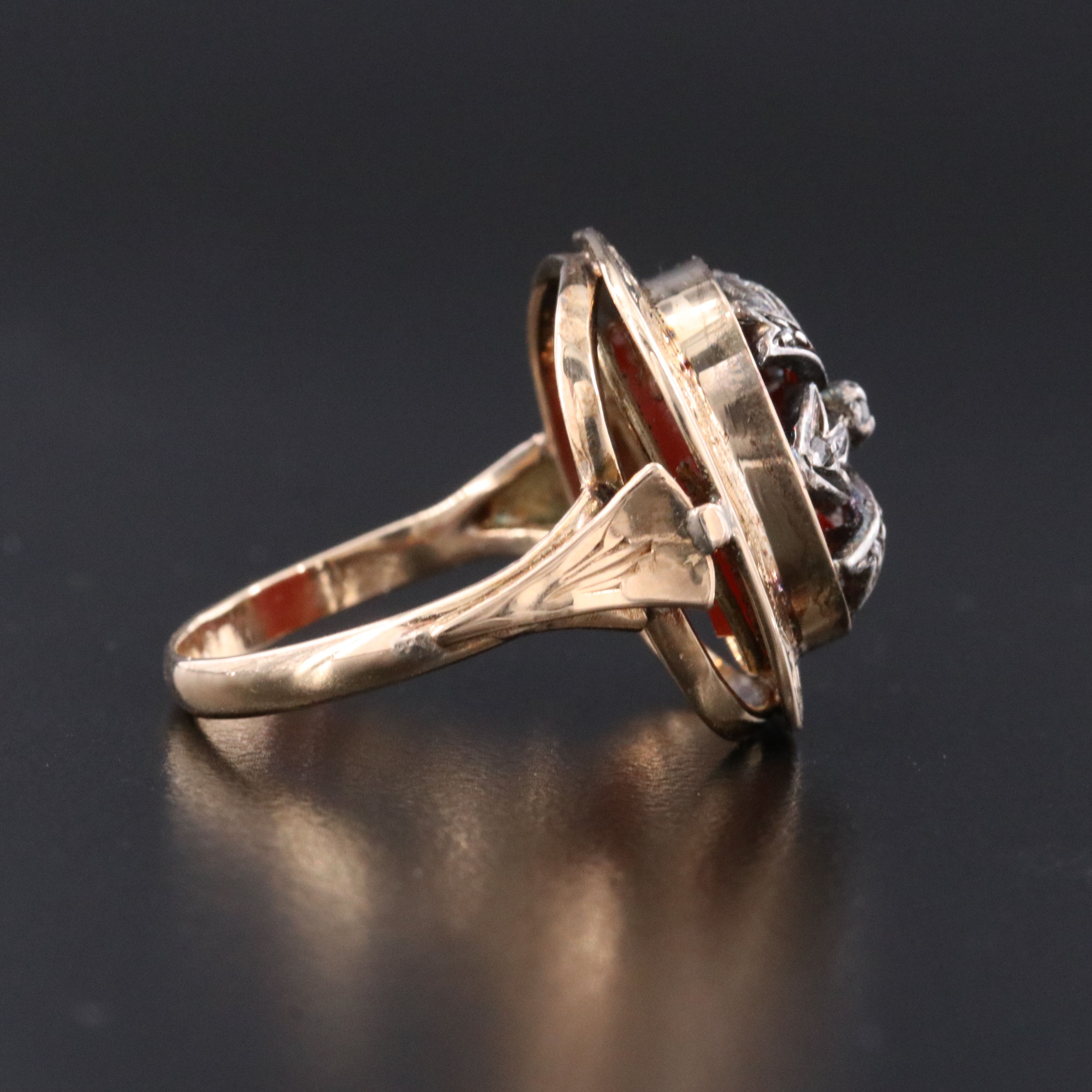 Victorian Style 14K and Sterling Carnelian and Diamond Ring