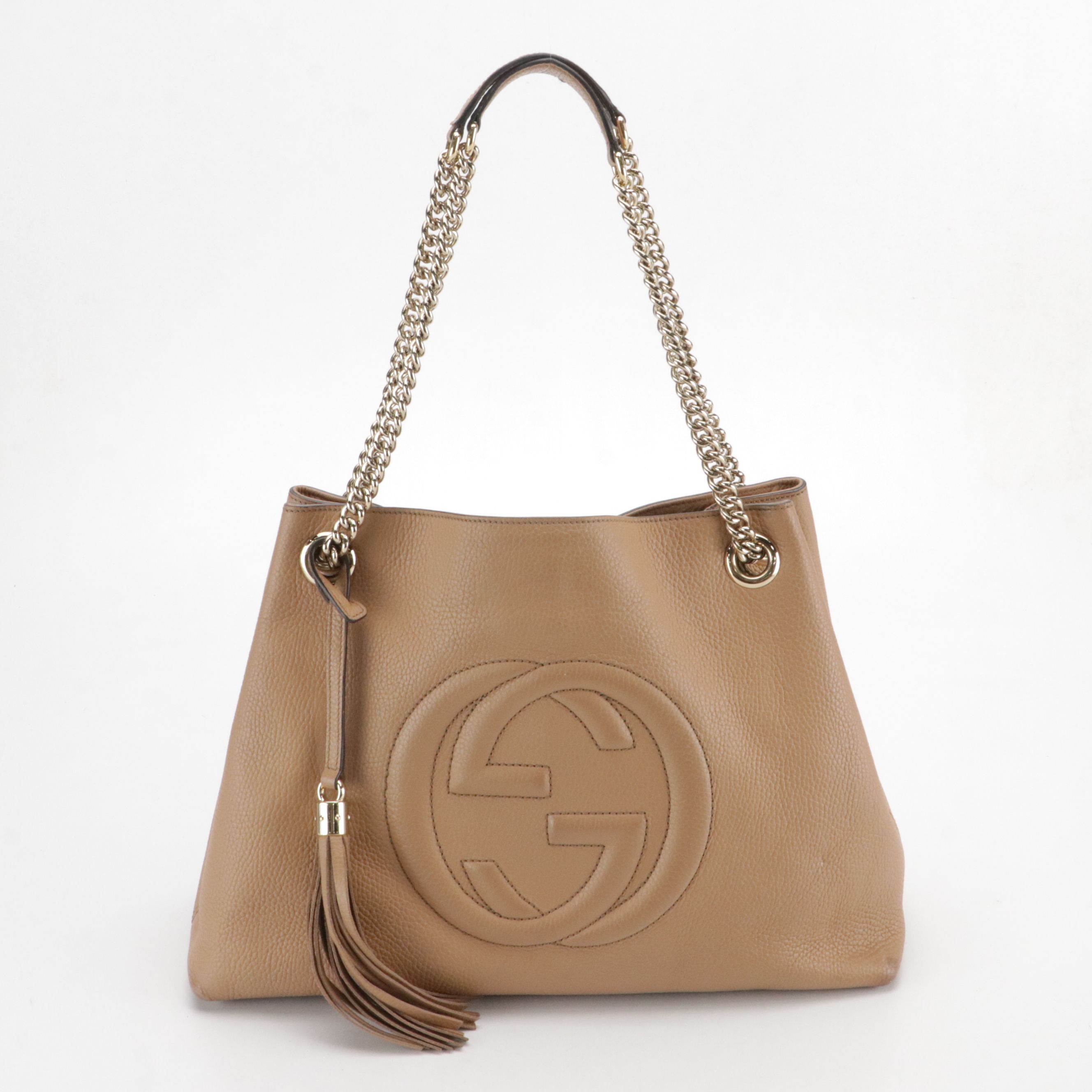 Gucci Soho Medium Chain Tote Bag in Beige Grained Calfskin Leather