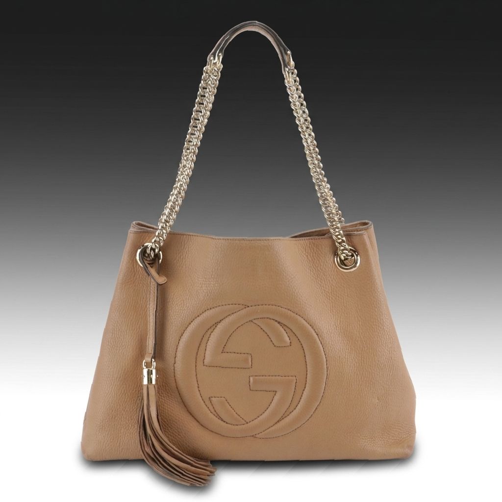 Gucci Soho Medium Chain Tote Bag in Beige Grained Calfskin Leather