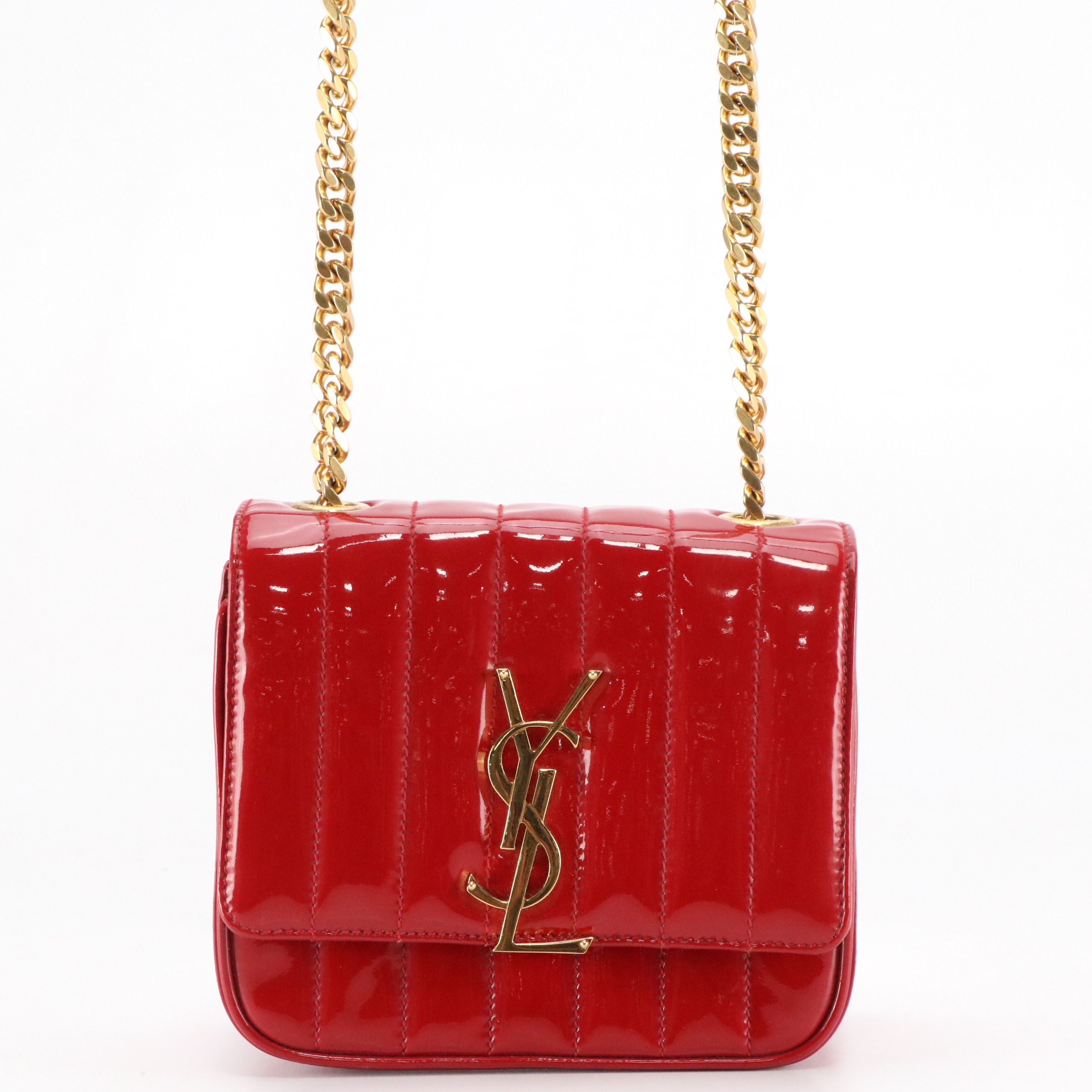 ARIES: Saint Laurent Vicky Crossbody Bag in Red Vertical Quilted Patent Leather