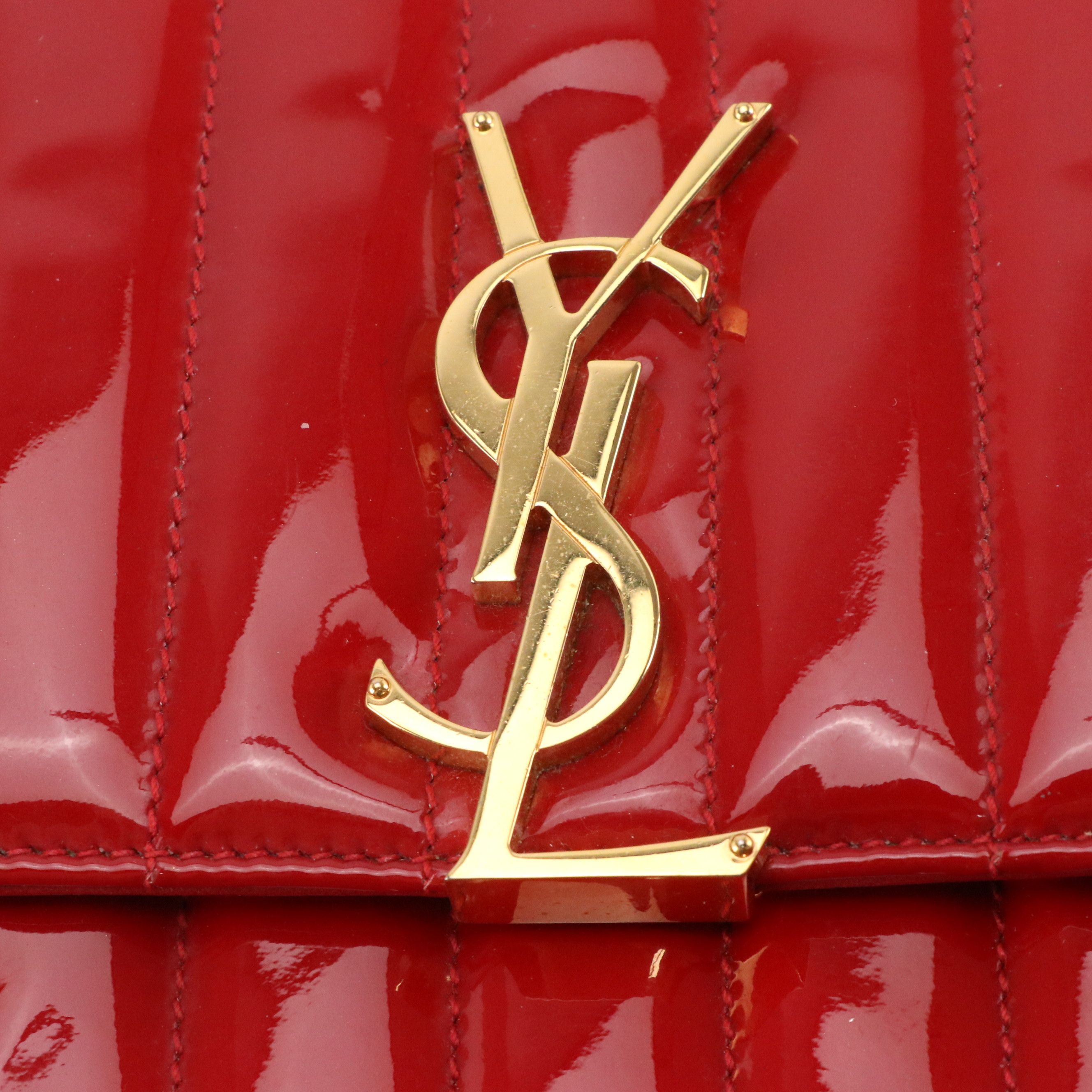 ARIES: Saint Laurent Vicky Crossbody Bag in Red Vertical Quilted Patent Leather