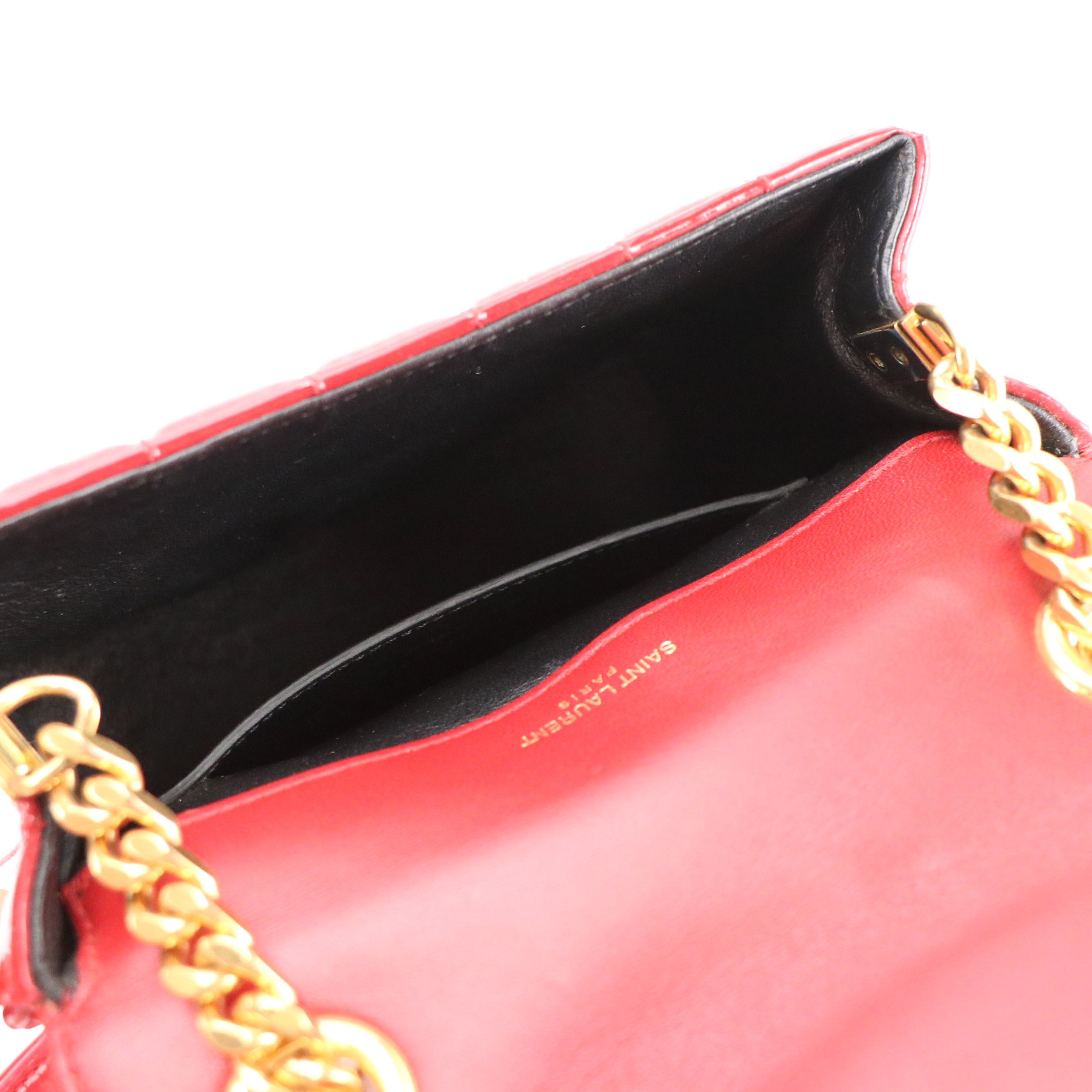 ARIES: Saint Laurent Vicky Crossbody Bag in Red Vertical Quilted Patent Leather