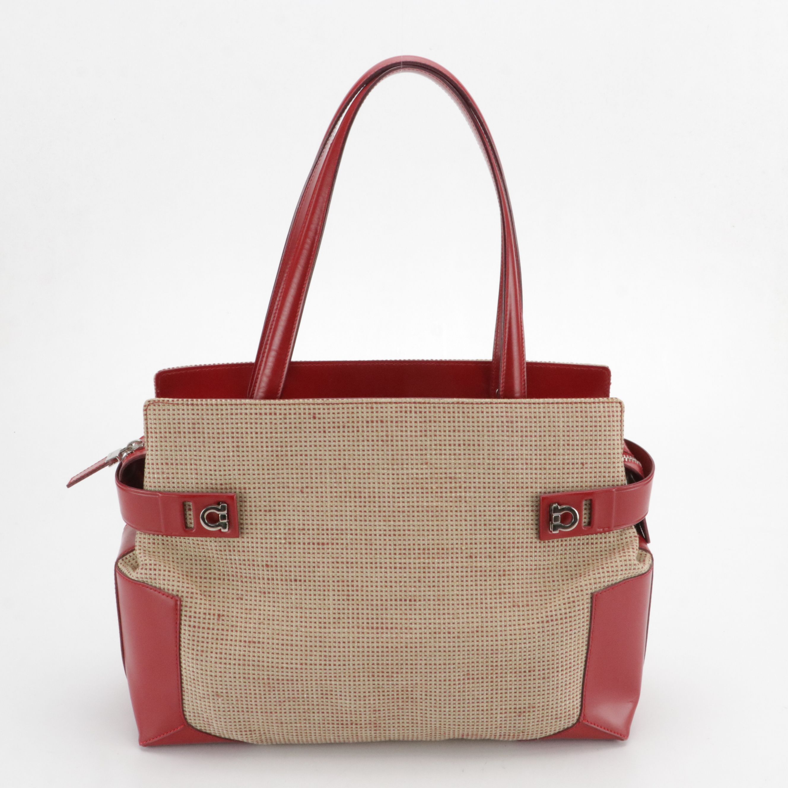 Salvatore Ferragamo Gancini Shoulder Bag in Woven Canvas and Red Calf Leather