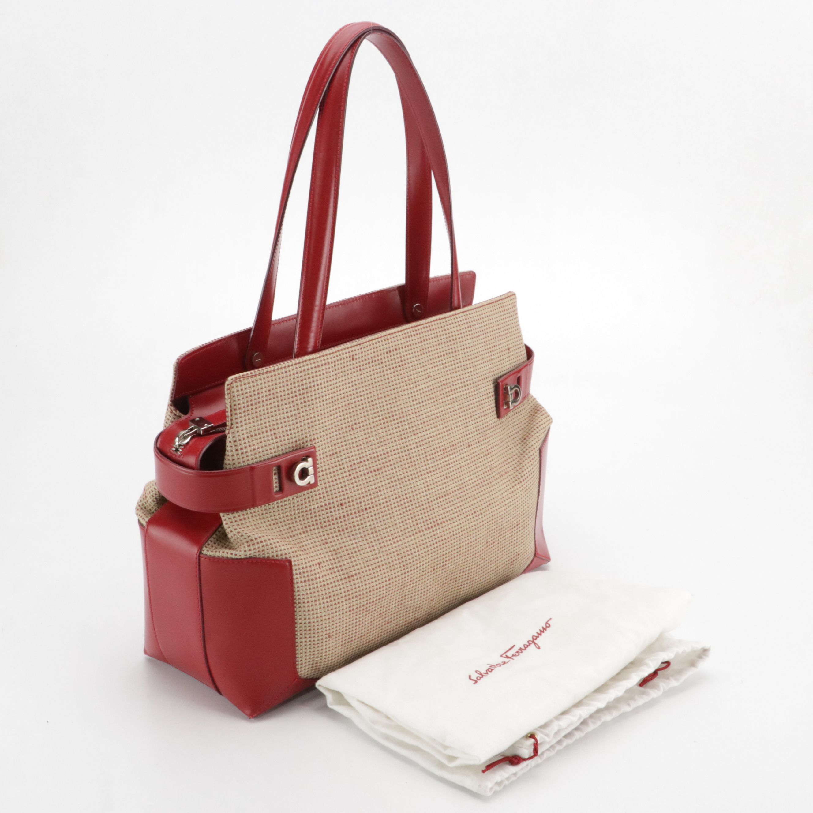 Salvatore Ferragamo Gancini Shoulder Bag in Woven Canvas and Red Calf Leather