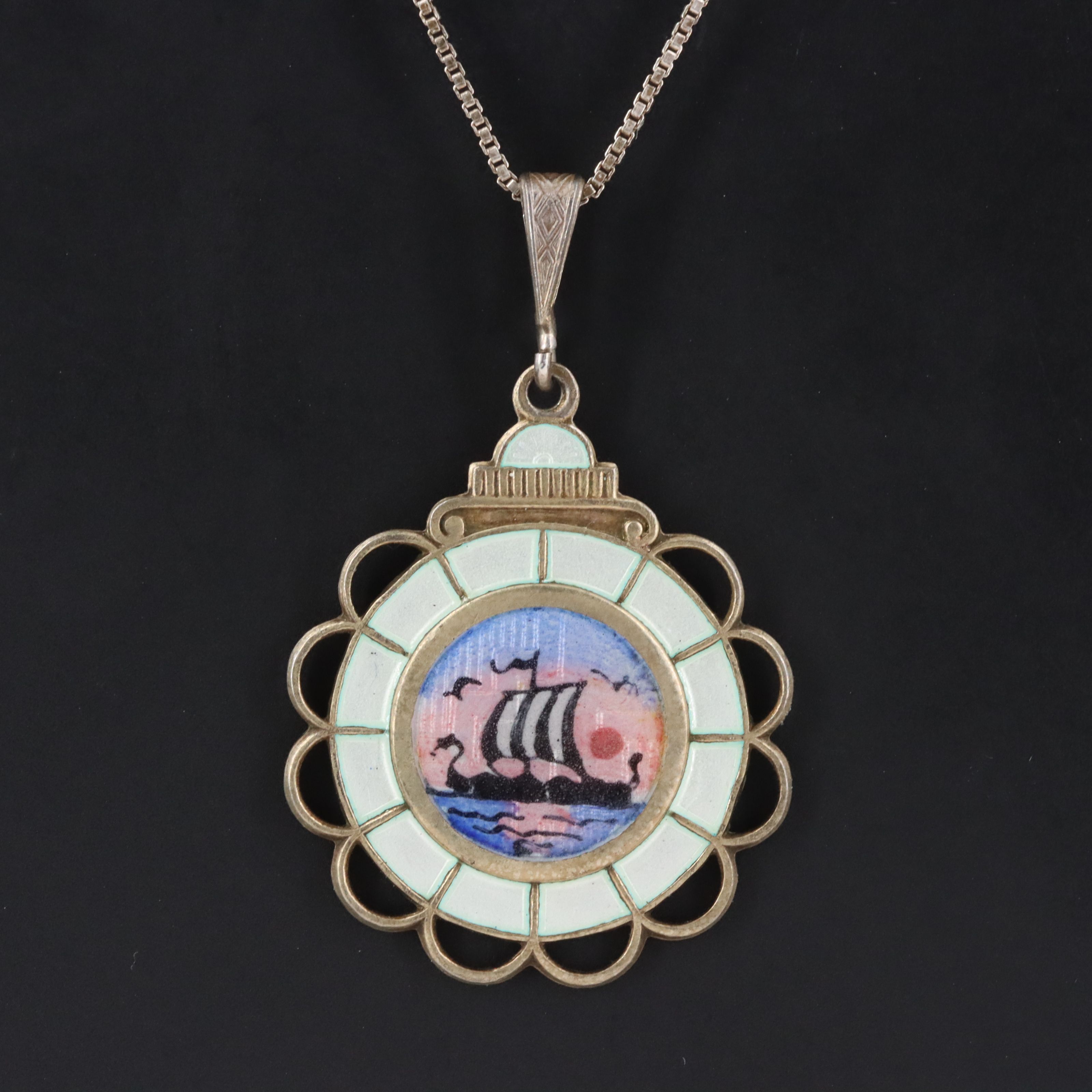 Norwegian Aksel Holmsen Sterling Enamel Longship Pendant Necklace