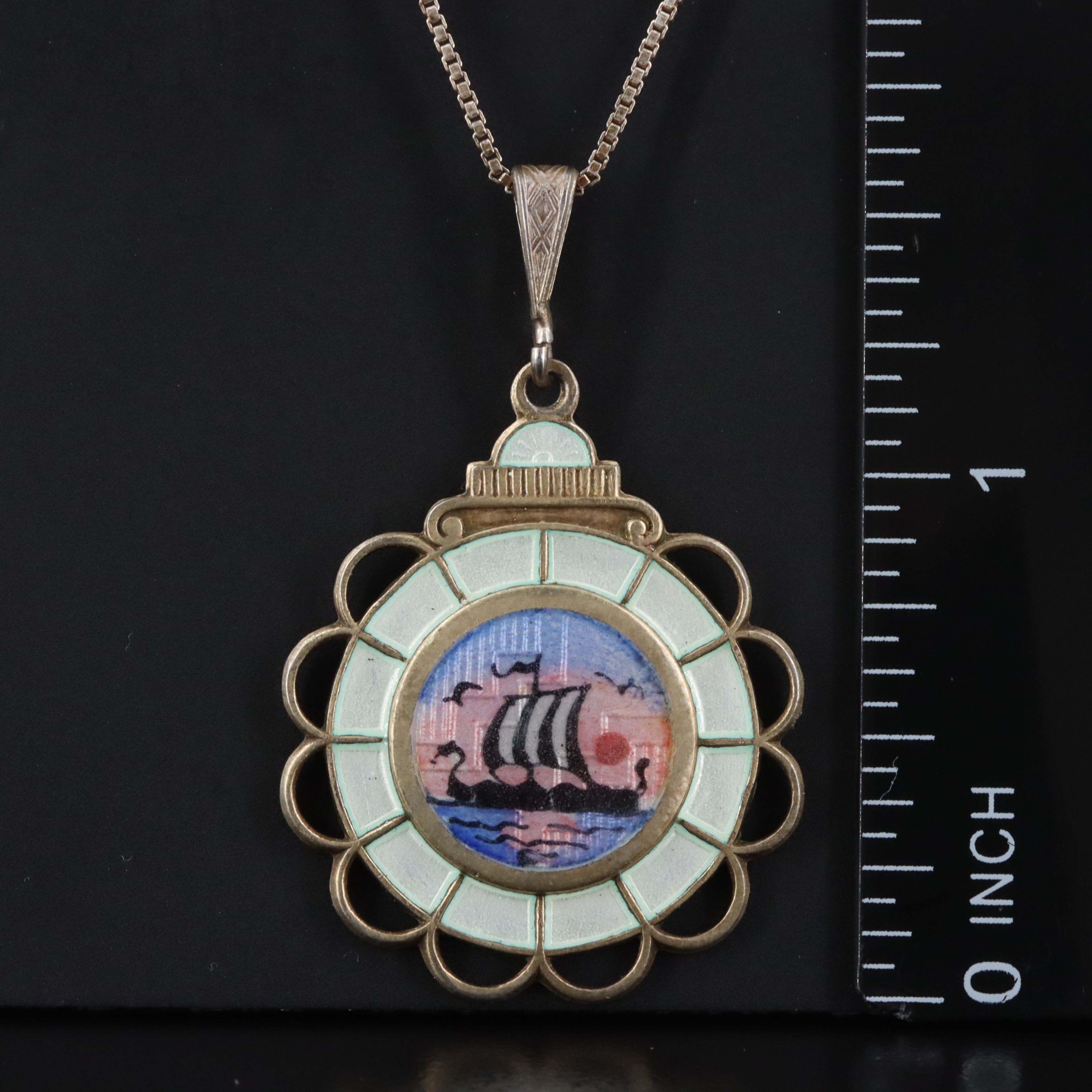 Norwegian Aksel Holmsen Sterling Enamel Longship Pendant Necklace