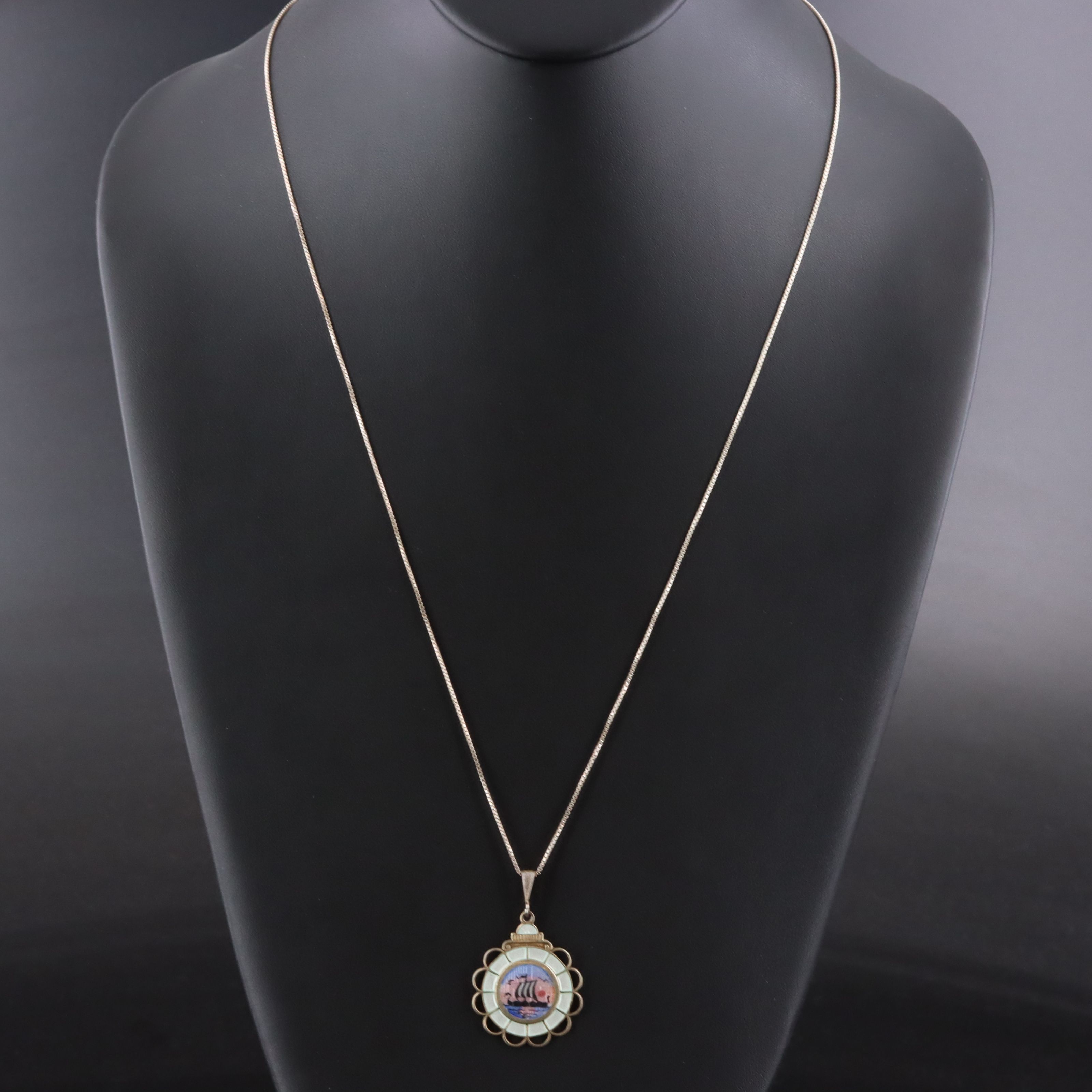 Norwegian Aksel Holmsen Sterling Enamel Longship Pendant Necklace