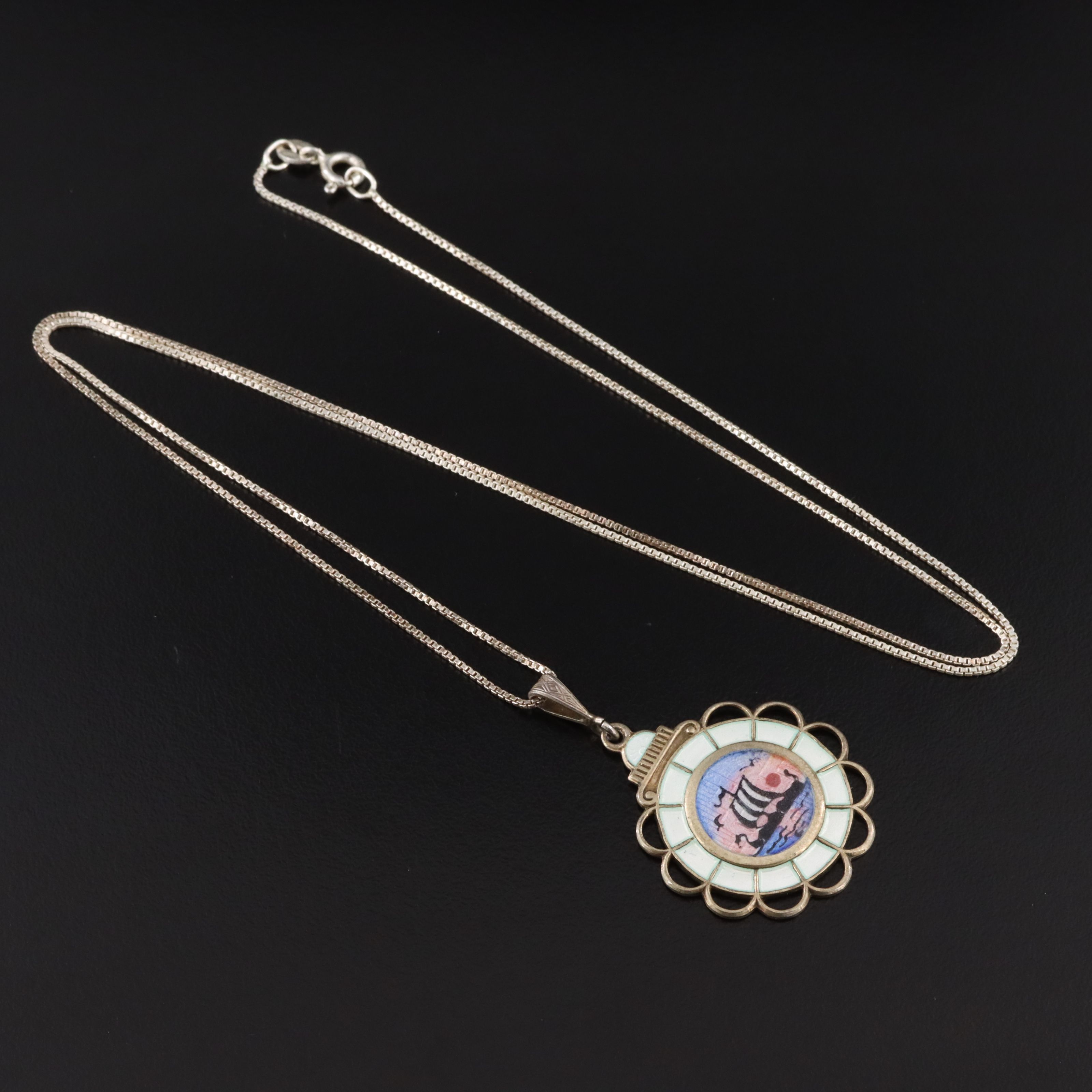 Norwegian Aksel Holmsen Sterling Enamel Longship Pendant Necklace