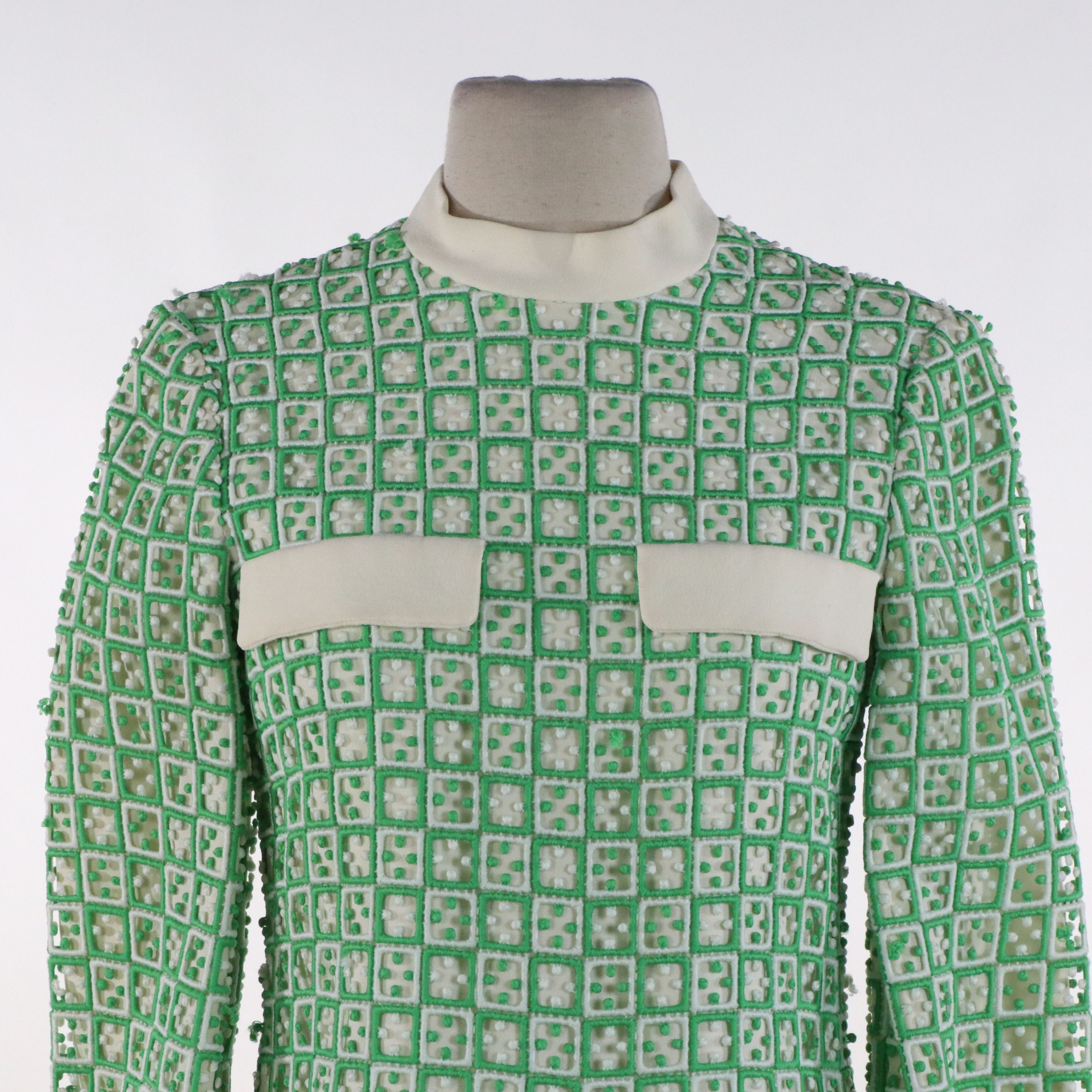 Guy Laroche Vintage Green and Ivory Long Sleeve Dress, Late 1960's