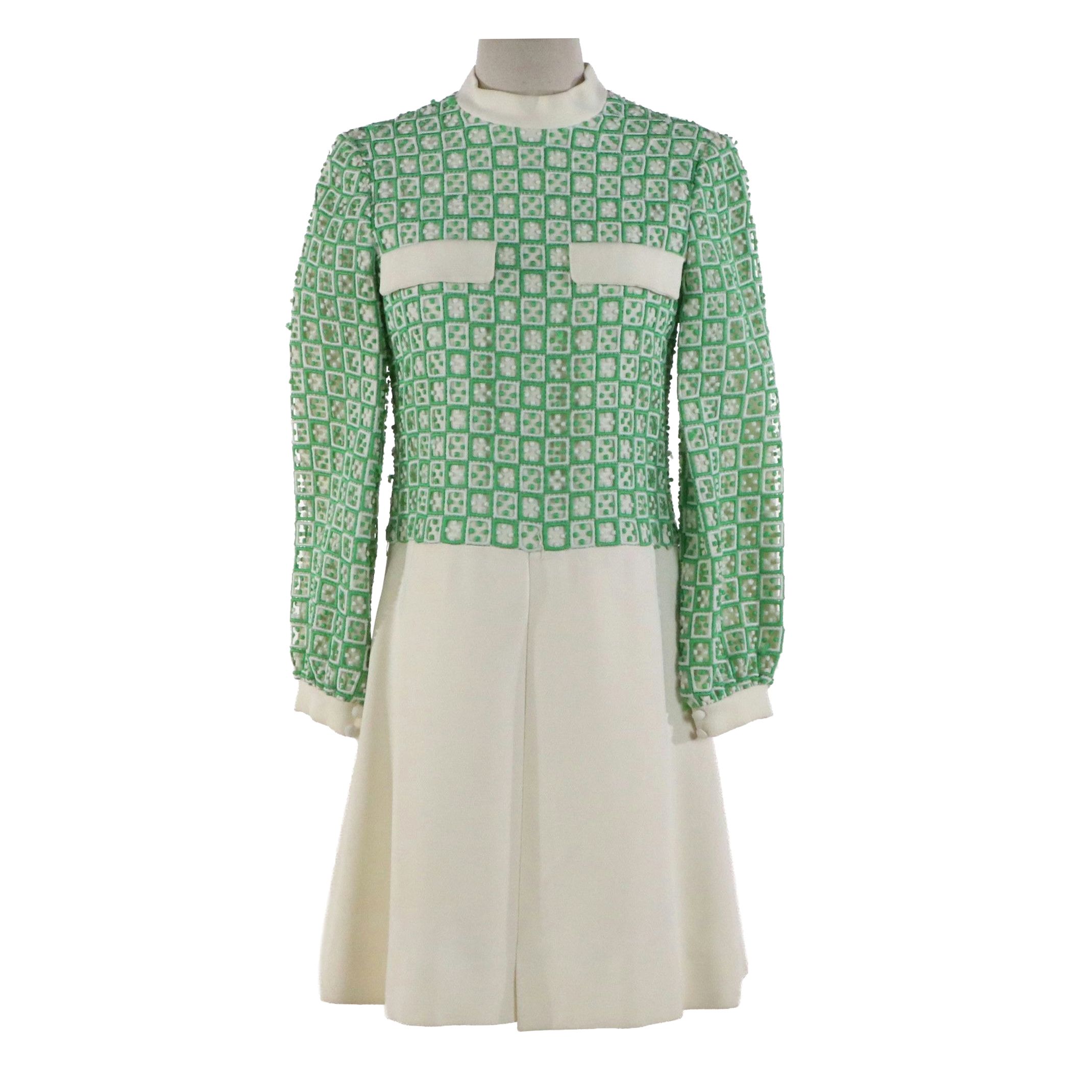Guy Laroche Vintage Green and Ivory Long Sleeve Dress, Late 1960's