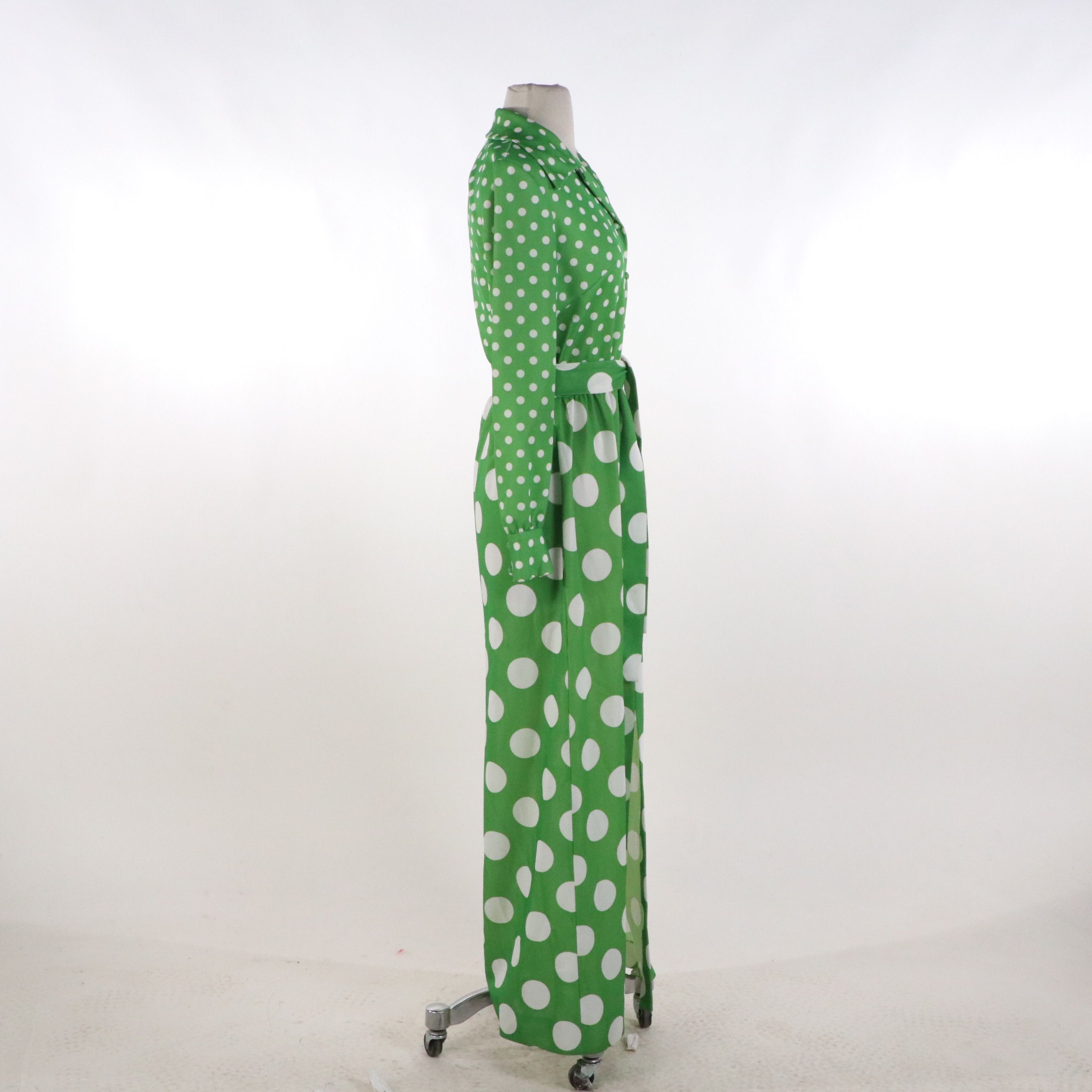 Mary Dobbs Vintage Green & White Polka Dot Maxi Shirt Dress