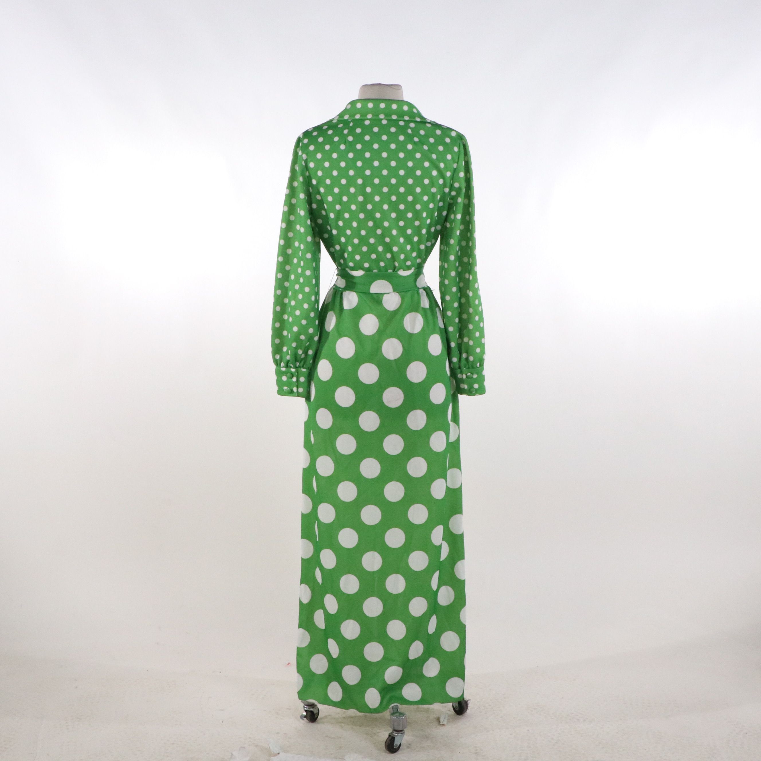 Mary Dobbs Vintage Green & White Polka Dot Maxi Shirt Dress