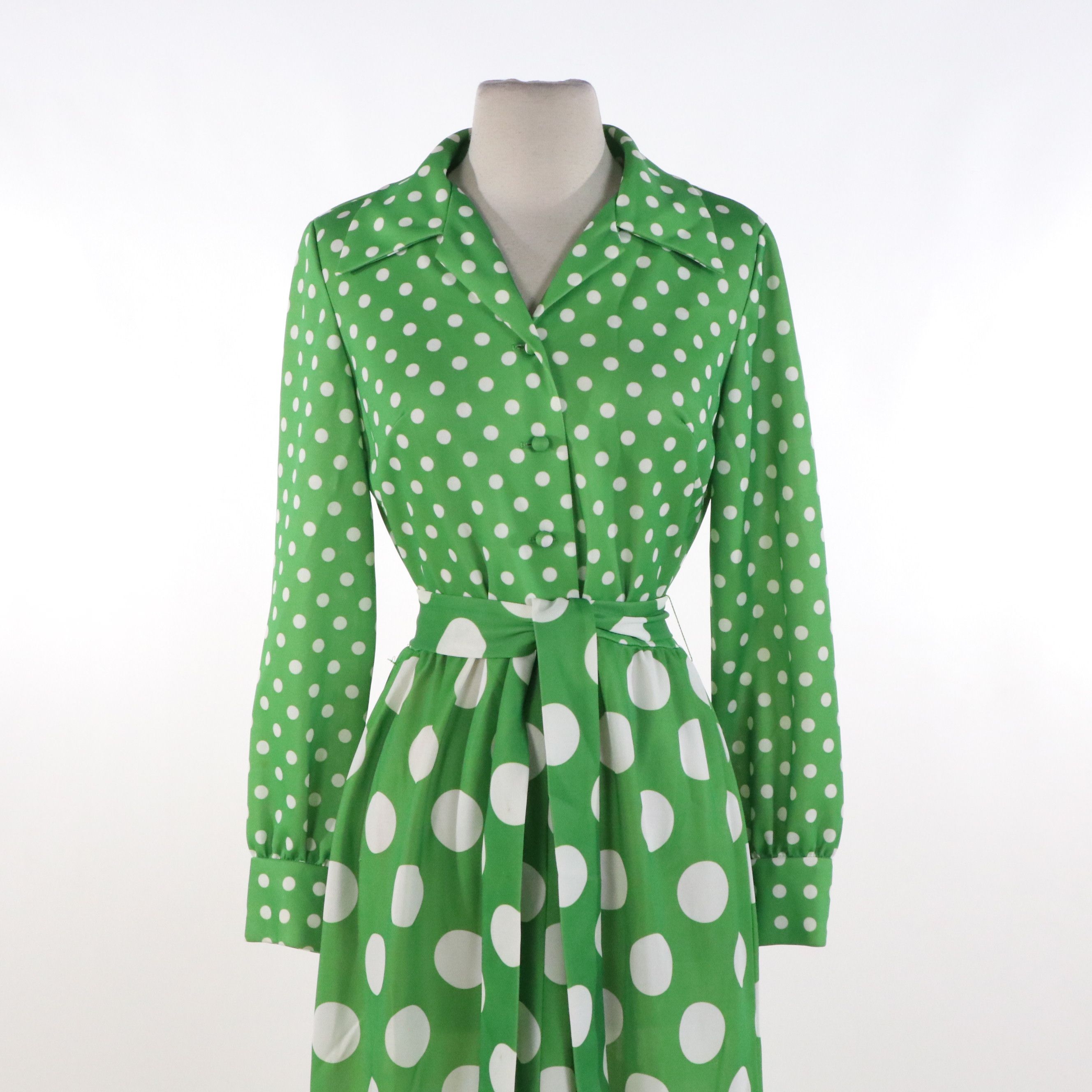 Mary Dobbs Vintage Green & White Polka Dot Maxi Shirt Dress