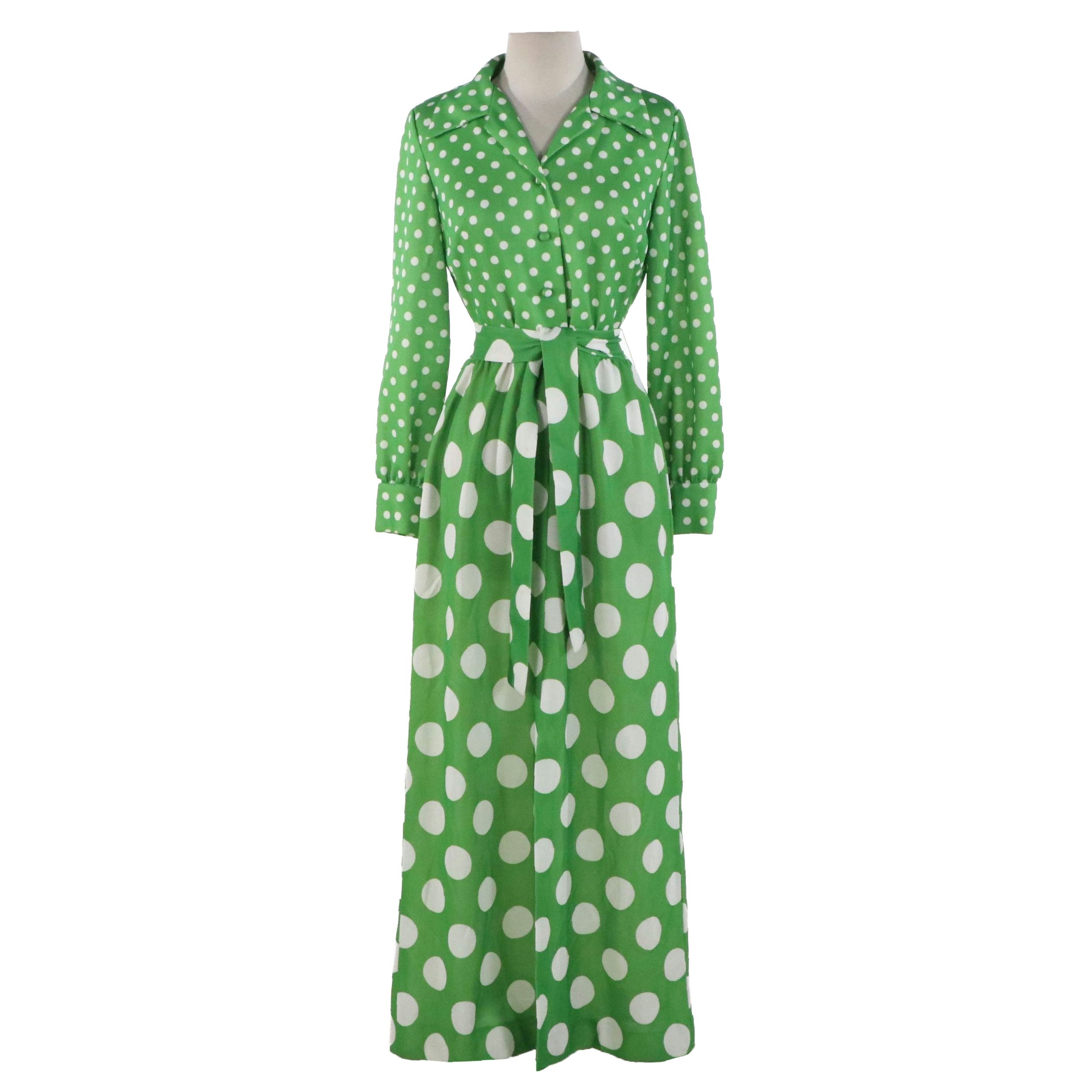 Mary Dobbs Vintage Green & White Polka Dot Maxi Shirt Dress