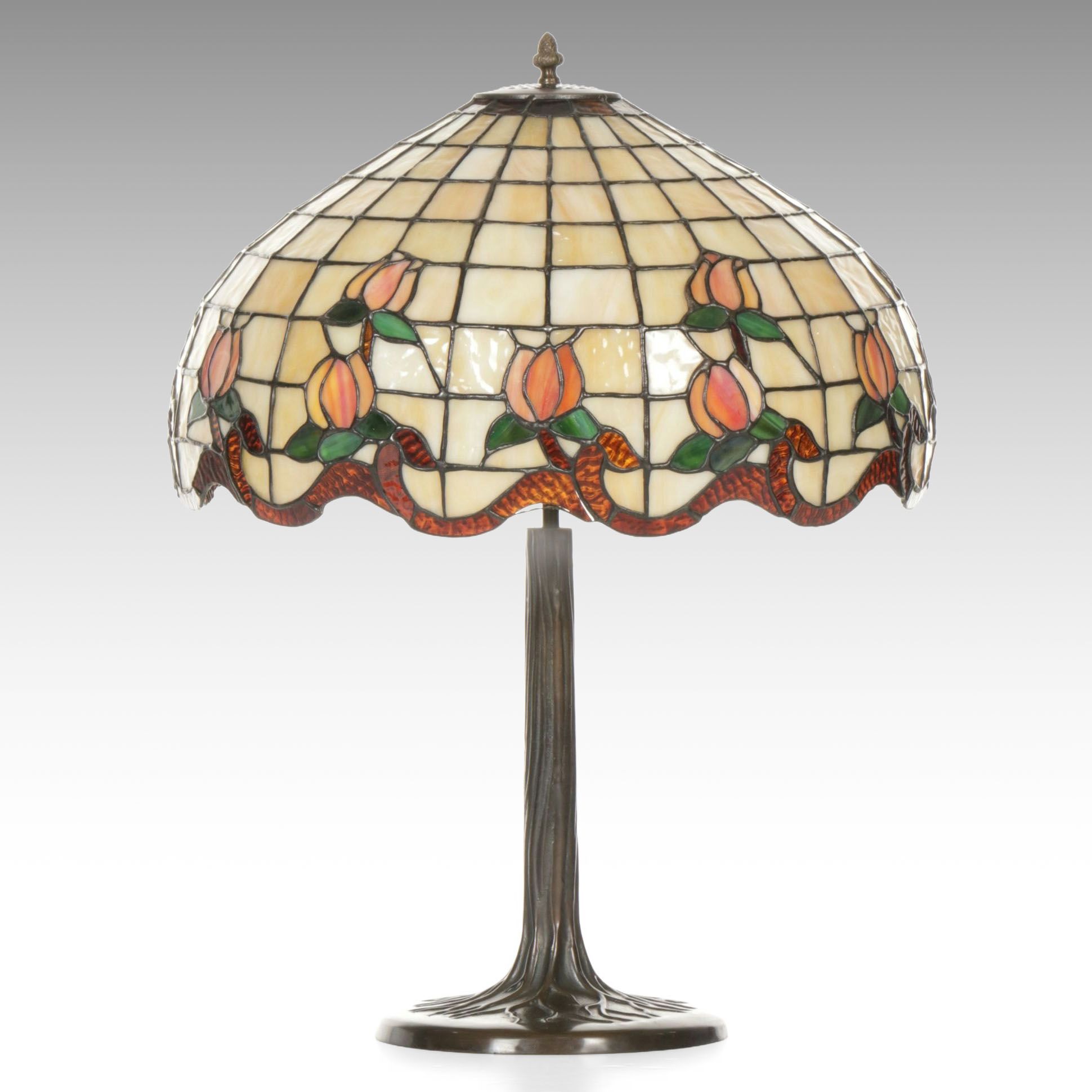 Art Nouveau Style Bronzed Metal Table Lamp and Dale Tiffany Slag Glass Shade