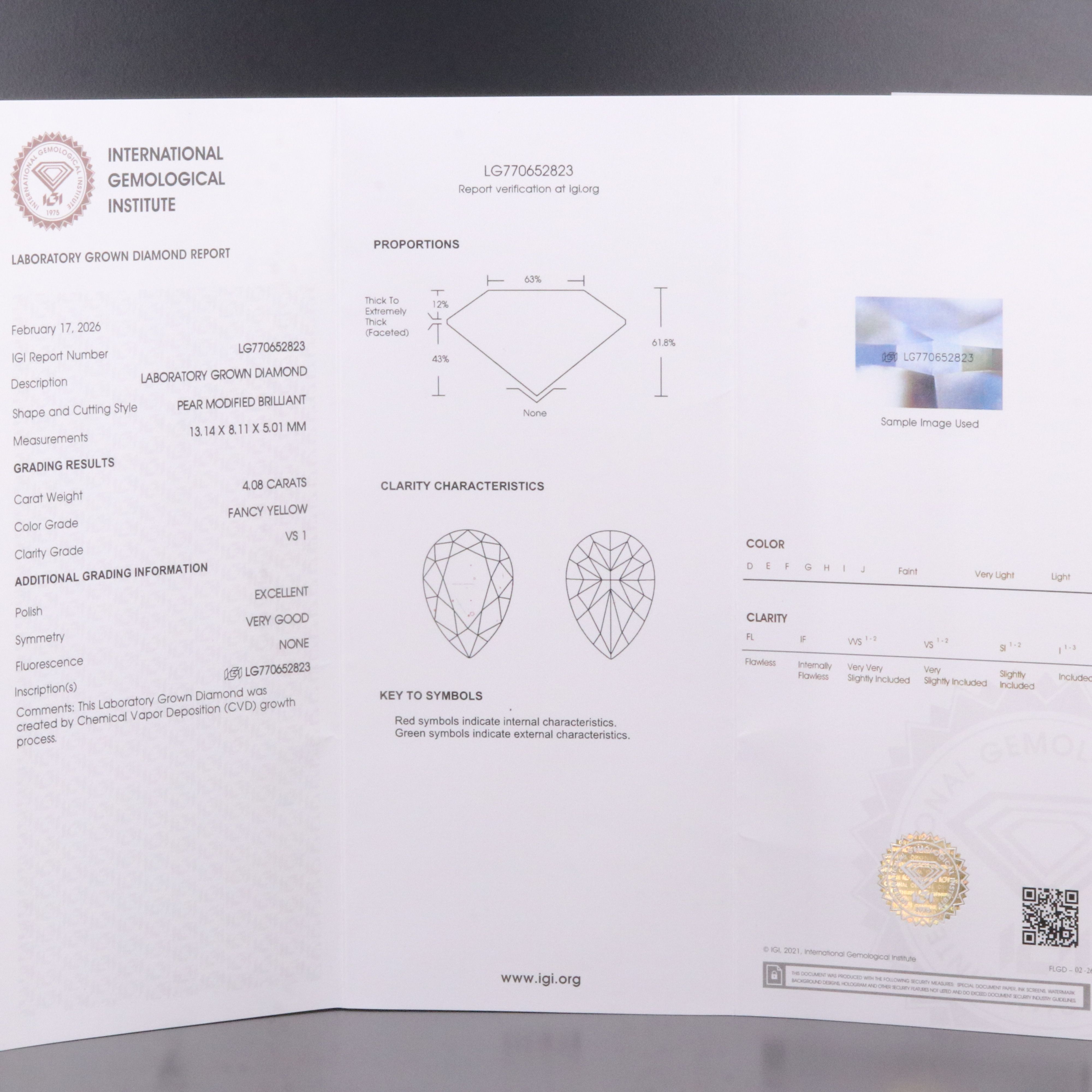 Loose 4.08 CT Lab Grown Fancy Yellow Diamond with IGI Report