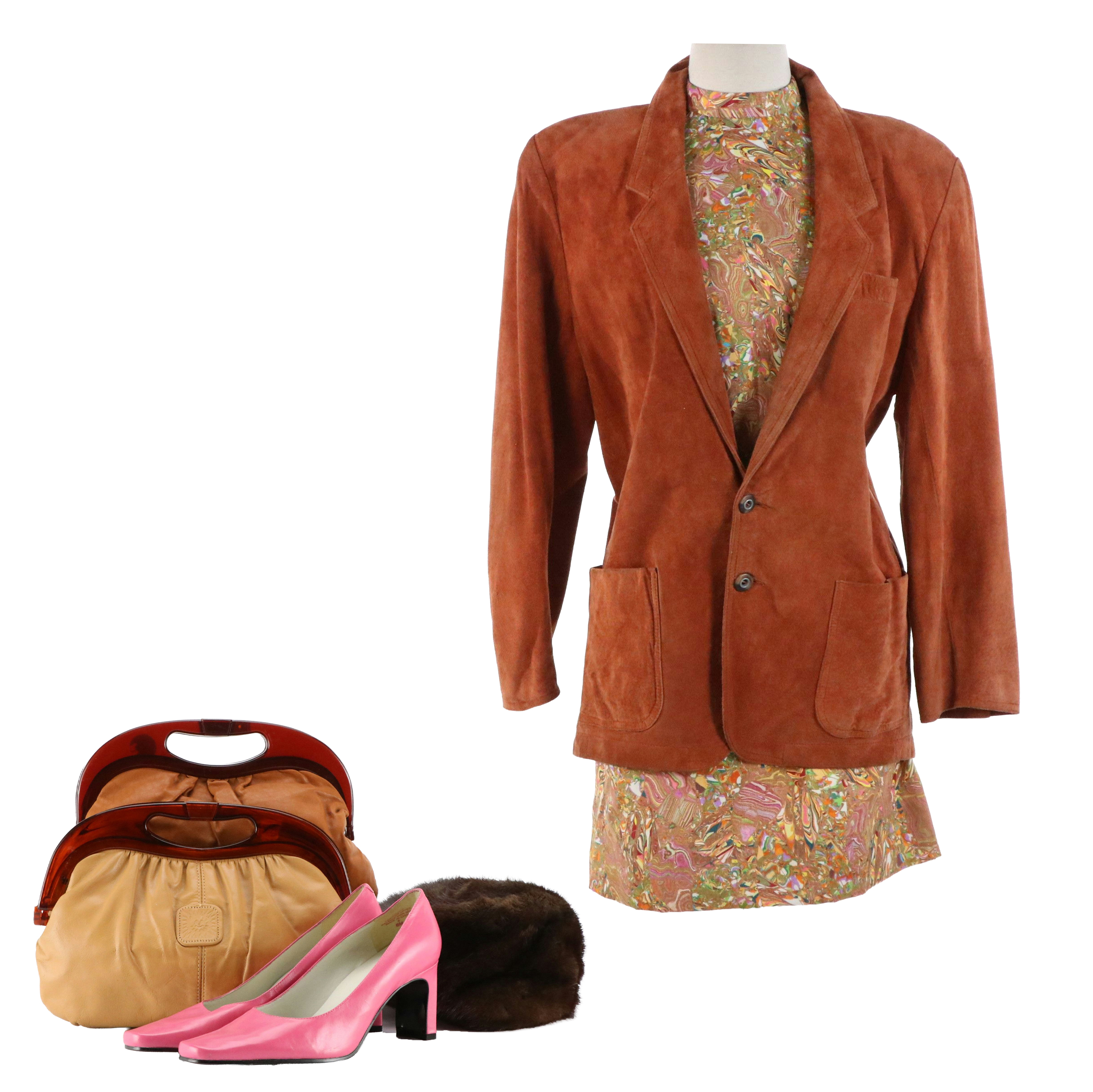 Curated 1960s/70s Ensemble Featuring Psychedelic Swirl Mod Mini Dress