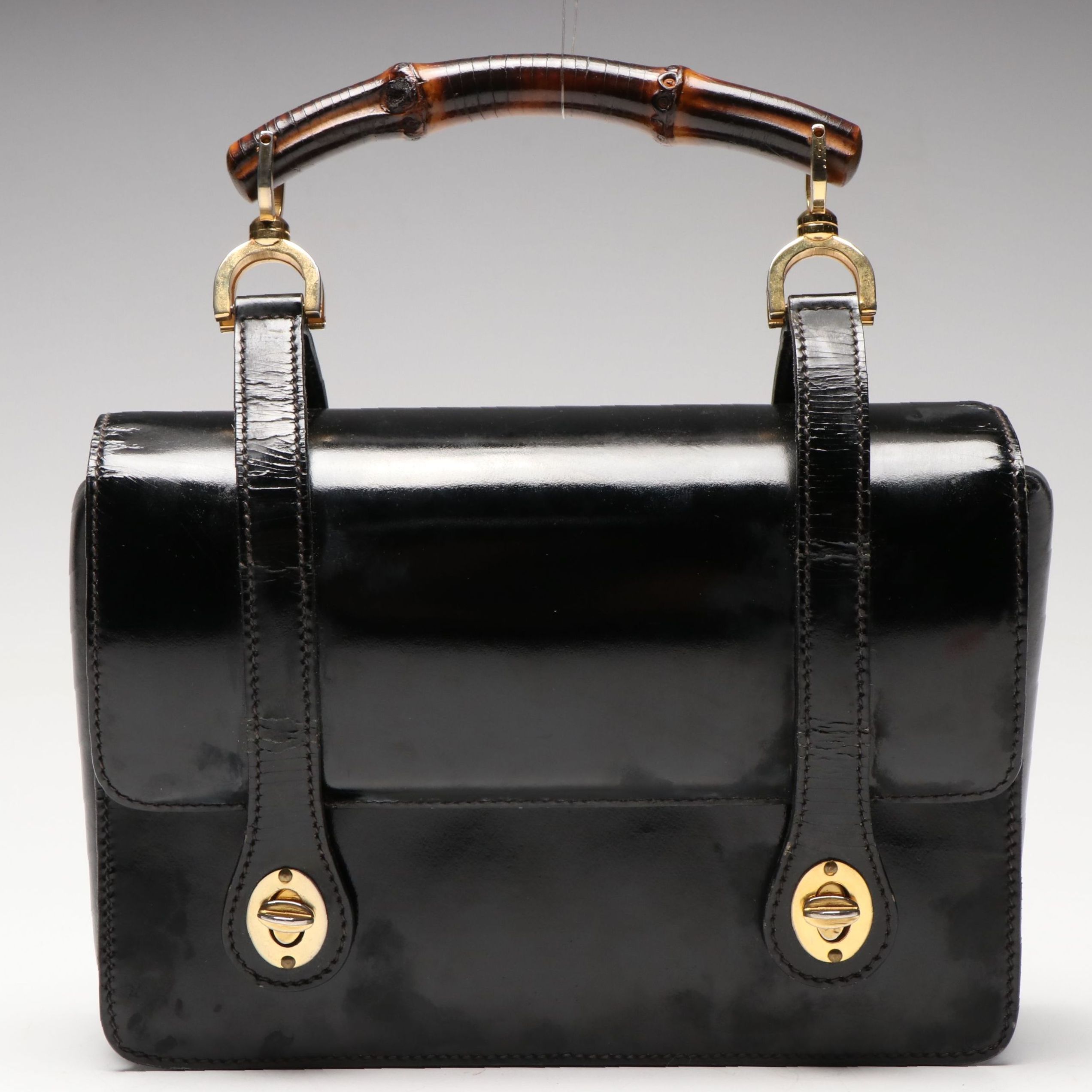 Gucci Bamboo Top Handle Bag in Glazed Leather, 1960s Vintage