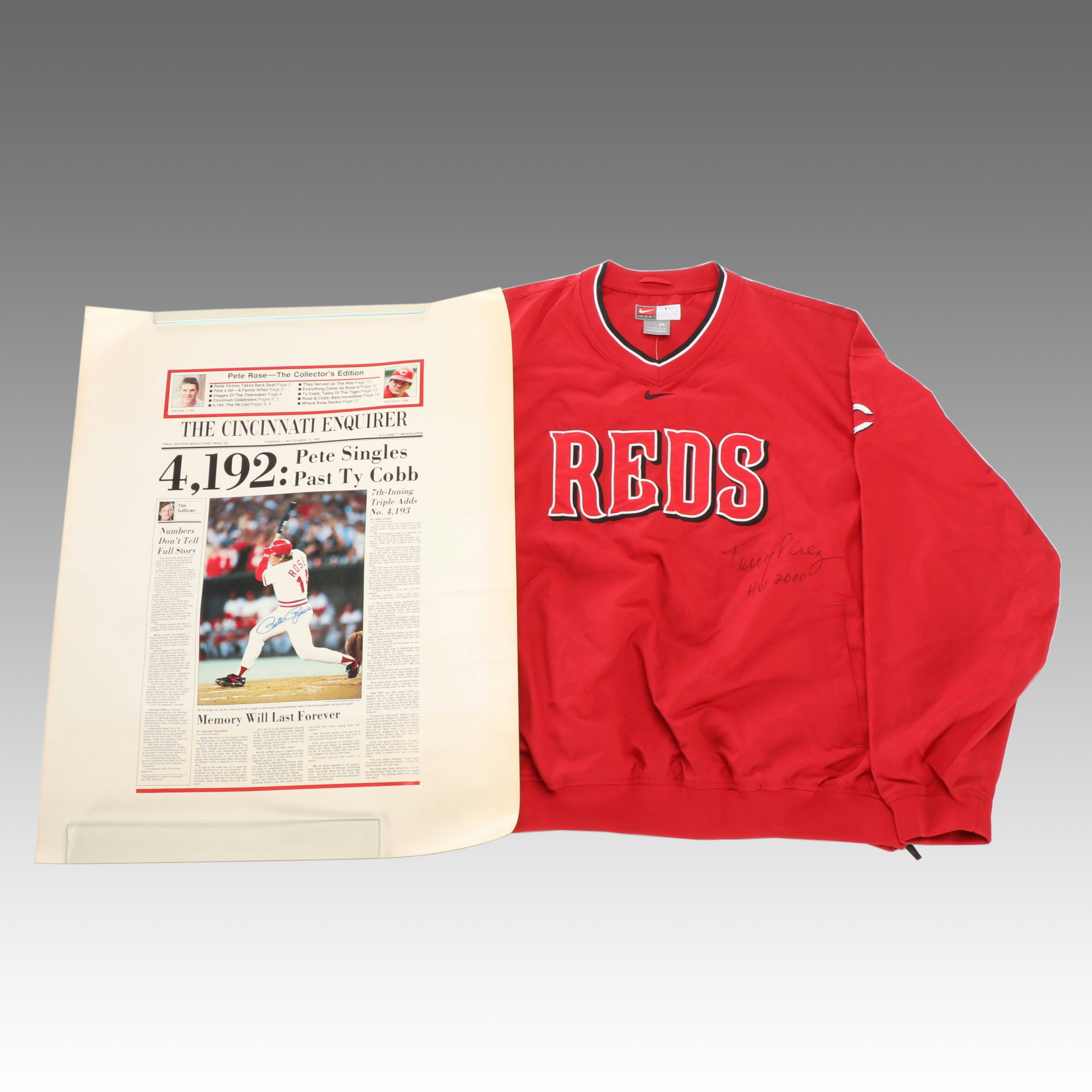 Tony Perez Signed Cincinnnati Reds Jacket with Pete Rose Signed Print