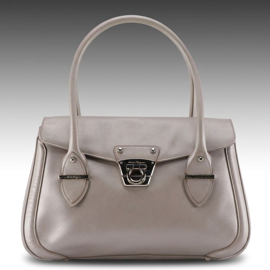 Salvatore Ferragamo Gancini Flap Satchel in Silver Saffiano Leather