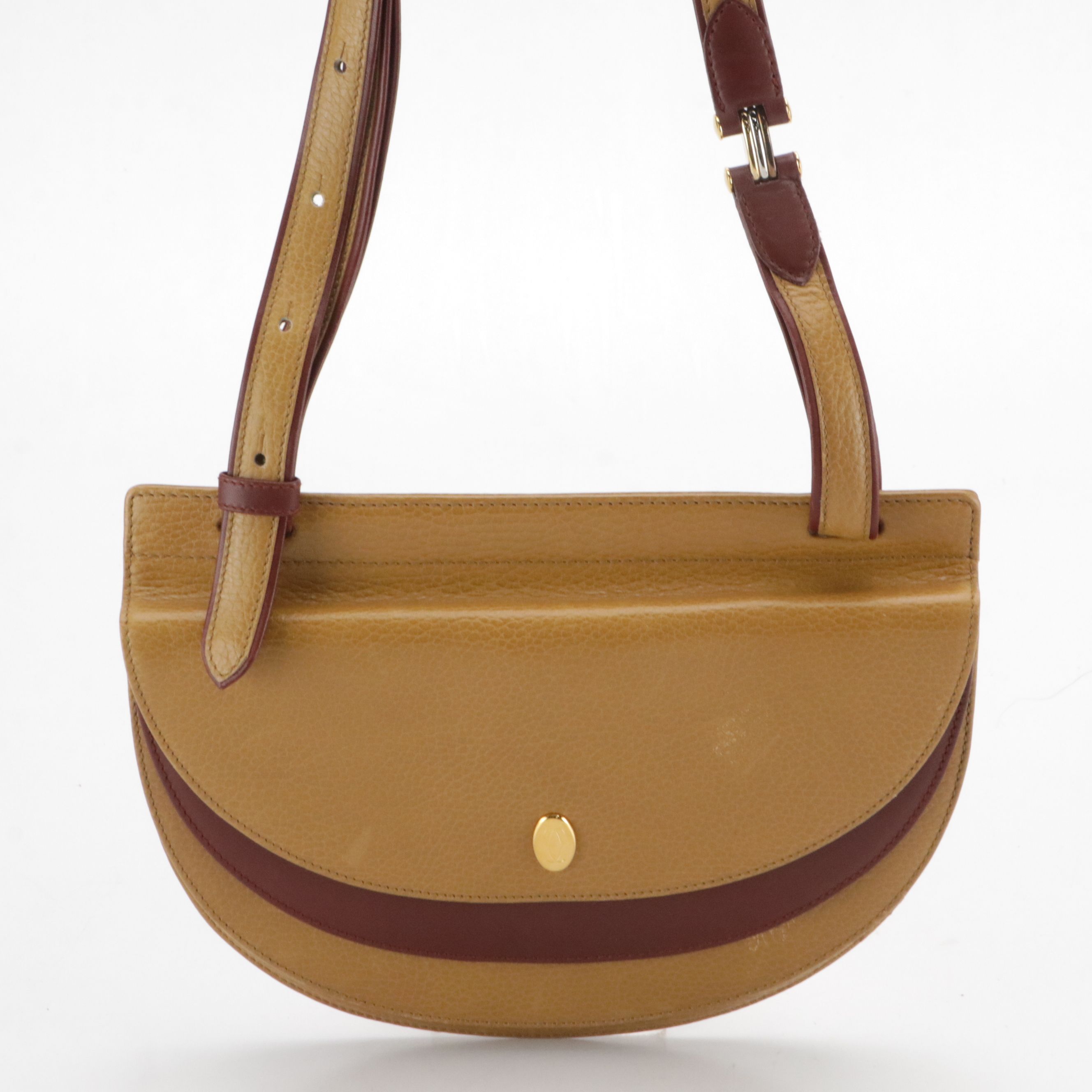 Cartier Must de Cartier Double-Flap Saddle Bag in Tan/Burgundy Leather