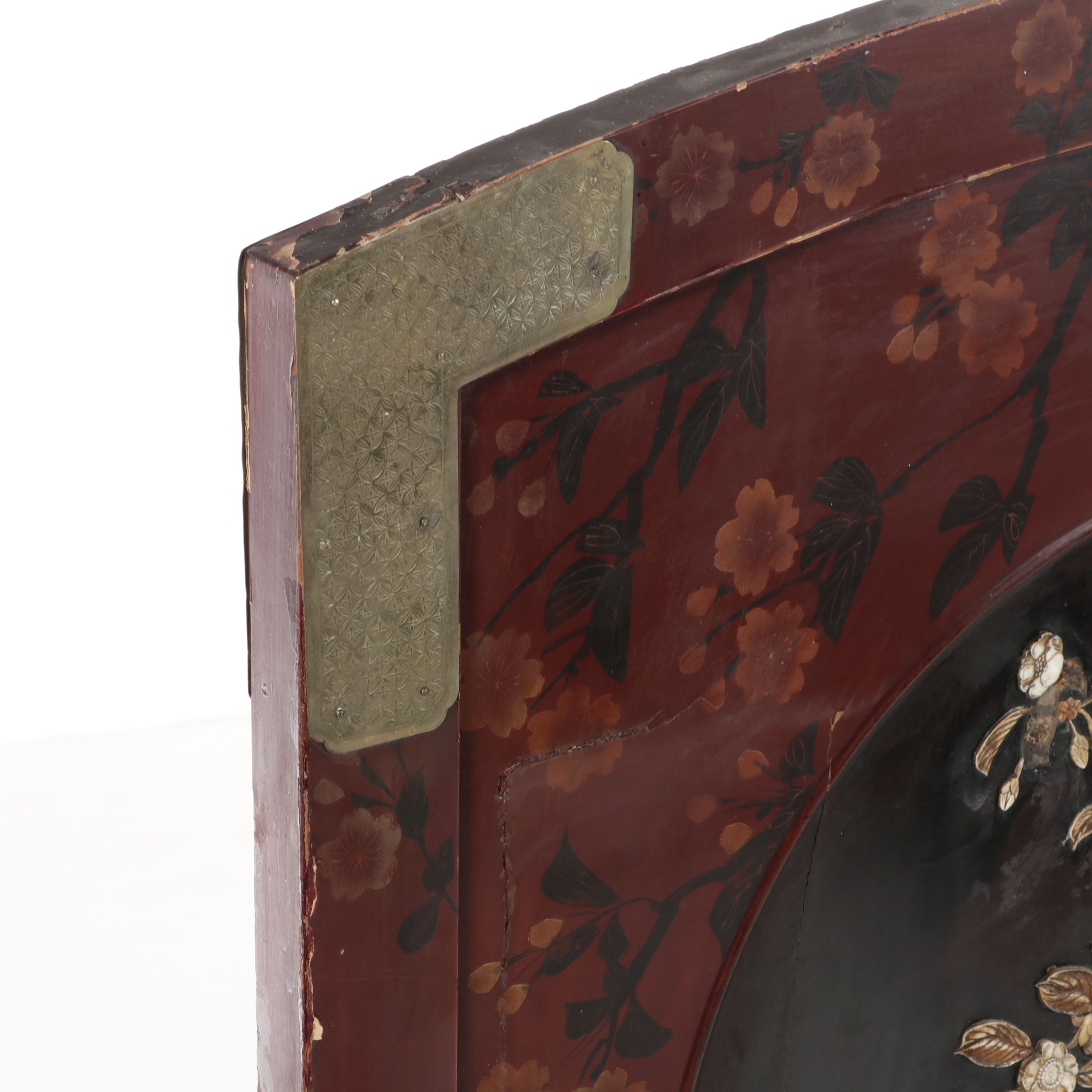 Chinese Lacquered Two-Panel Screen with Inset Mother-of-Pearl Bird Motifs