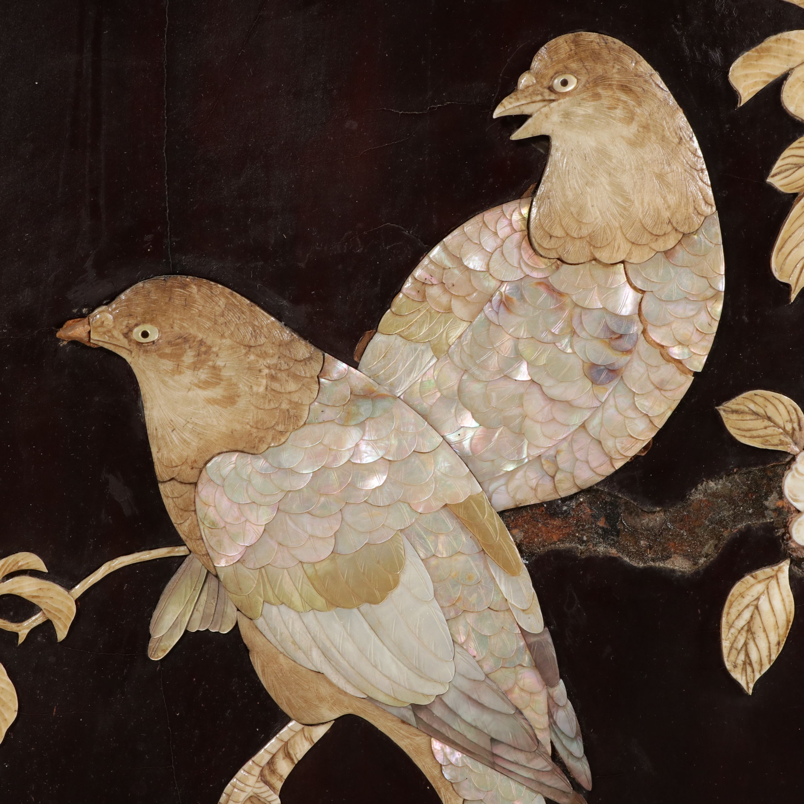 Chinese Lacquered Two-Panel Screen with Inset Mother-of-Pearl Bird Motifs