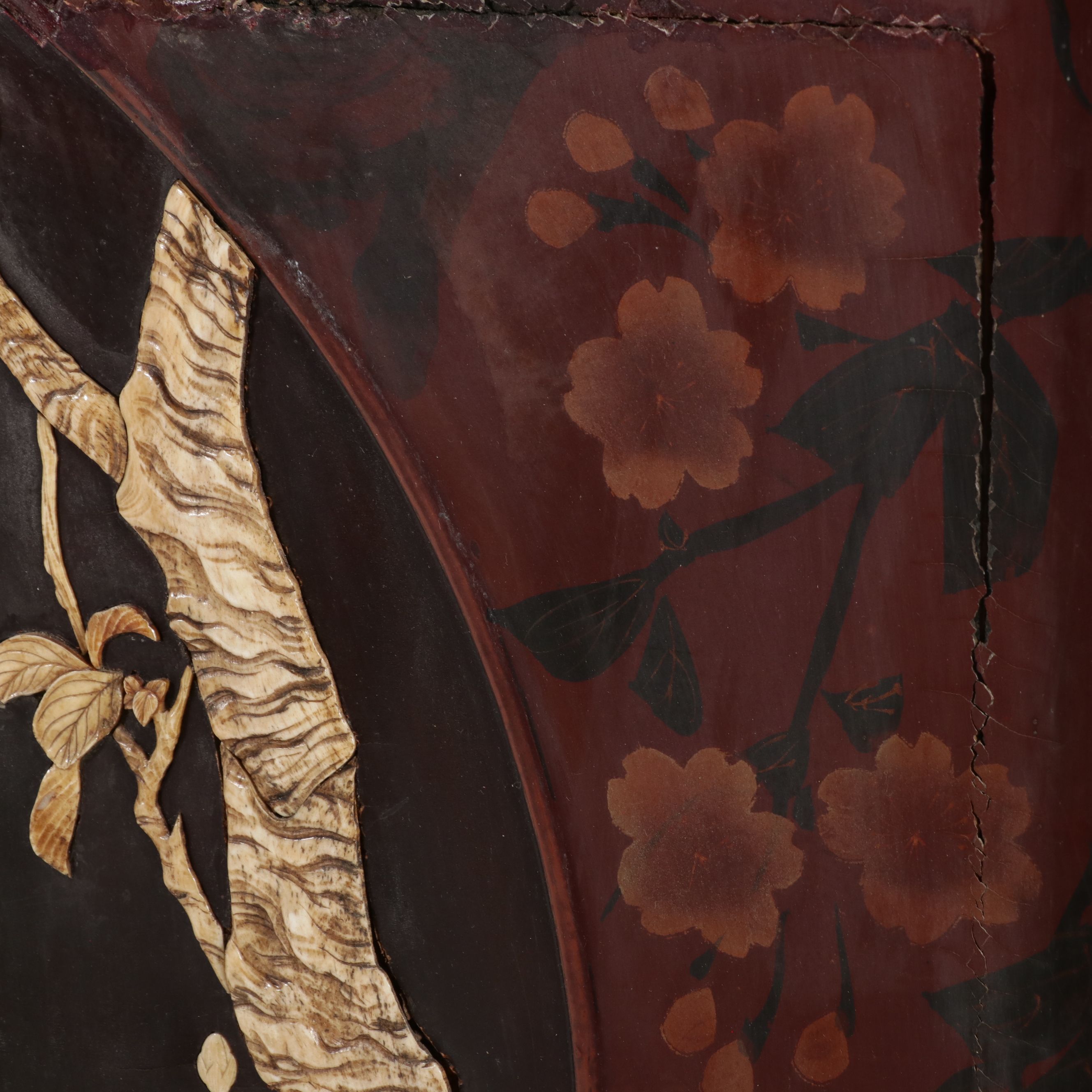 Chinese Lacquered Two-Panel Screen with Inset Mother-of-Pearl Bird Motifs