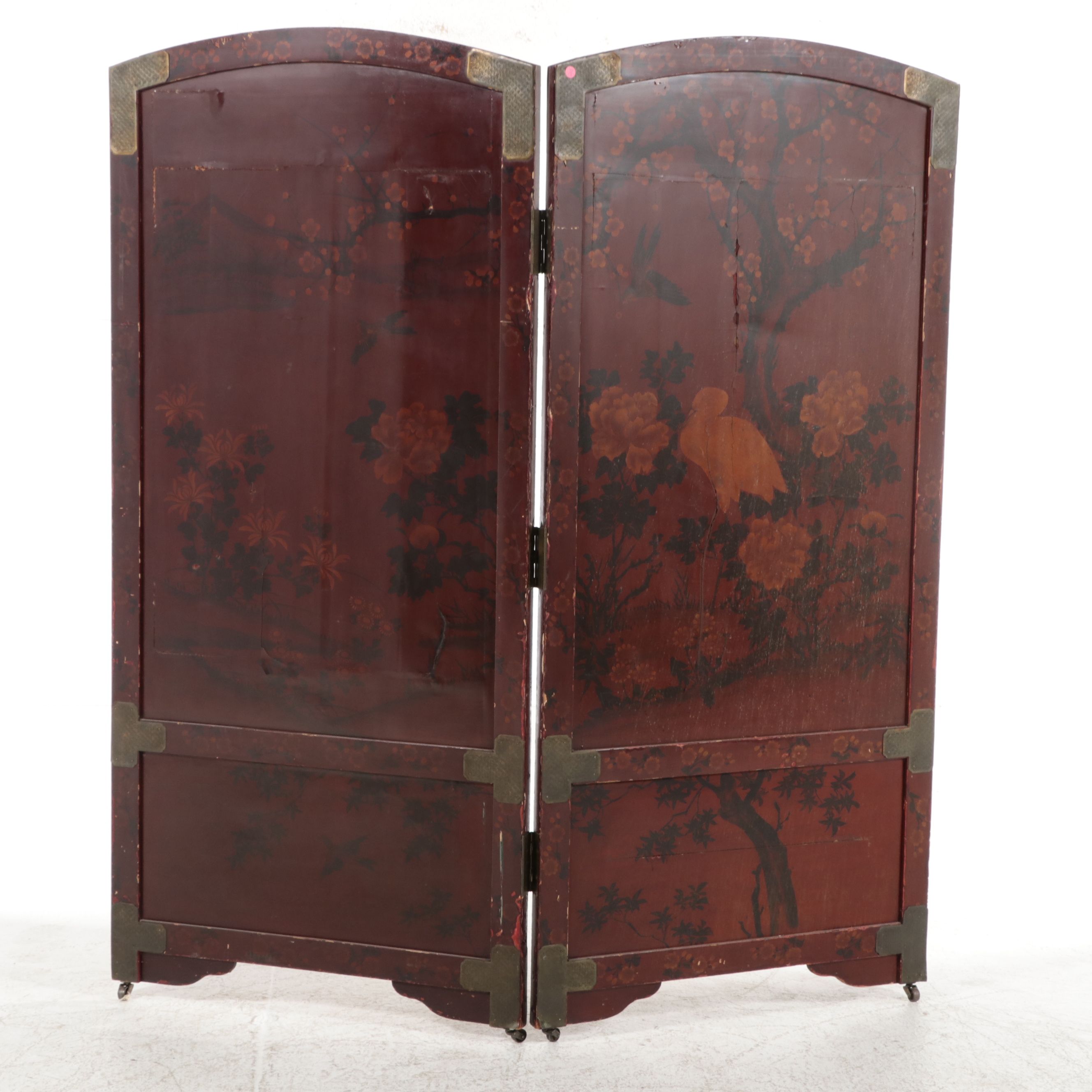 Chinese Lacquered Two-Panel Screen with Inset Mother-of-Pearl Bird Motifs