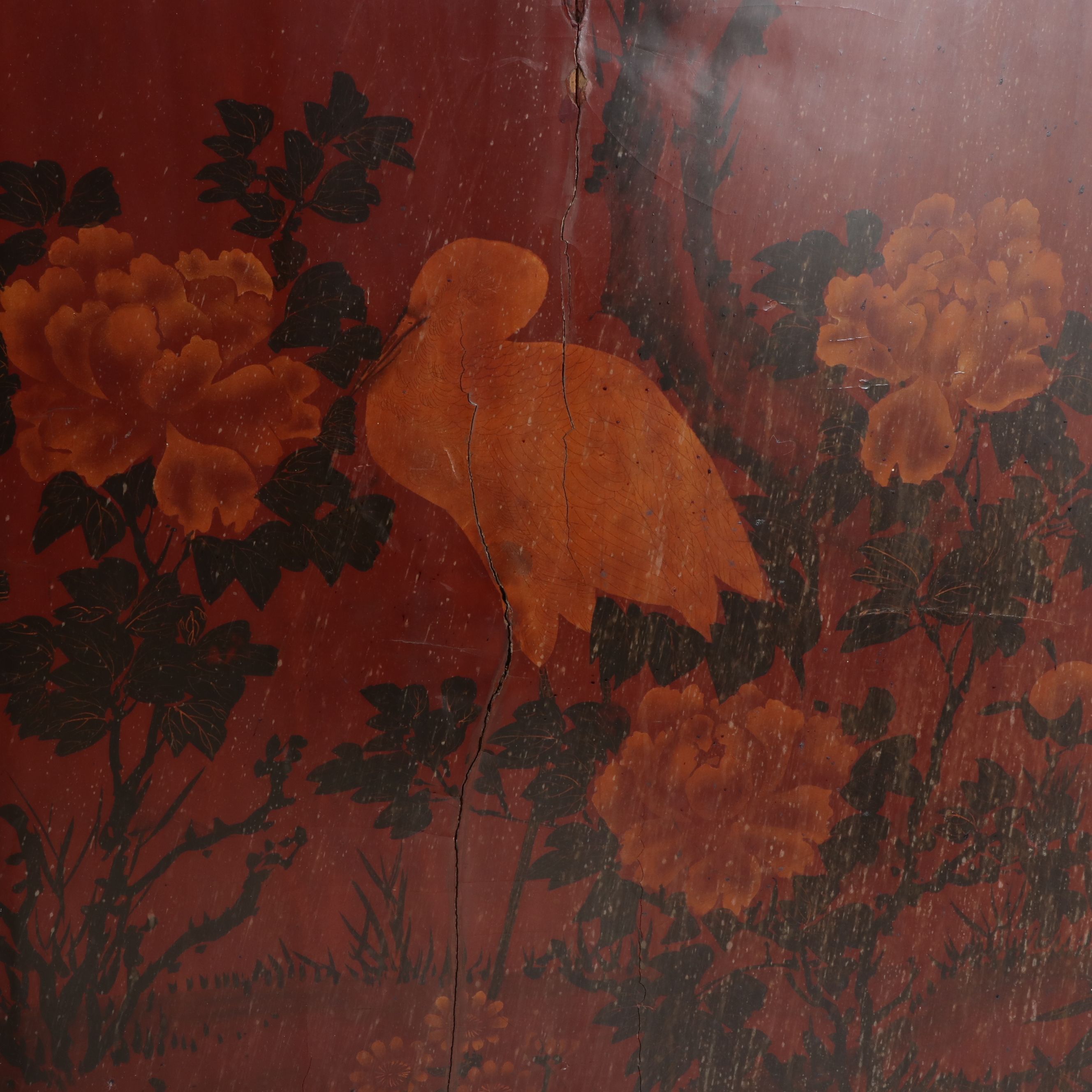 Chinese Lacquered Two-Panel Screen with Inset Mother-of-Pearl Bird Motifs