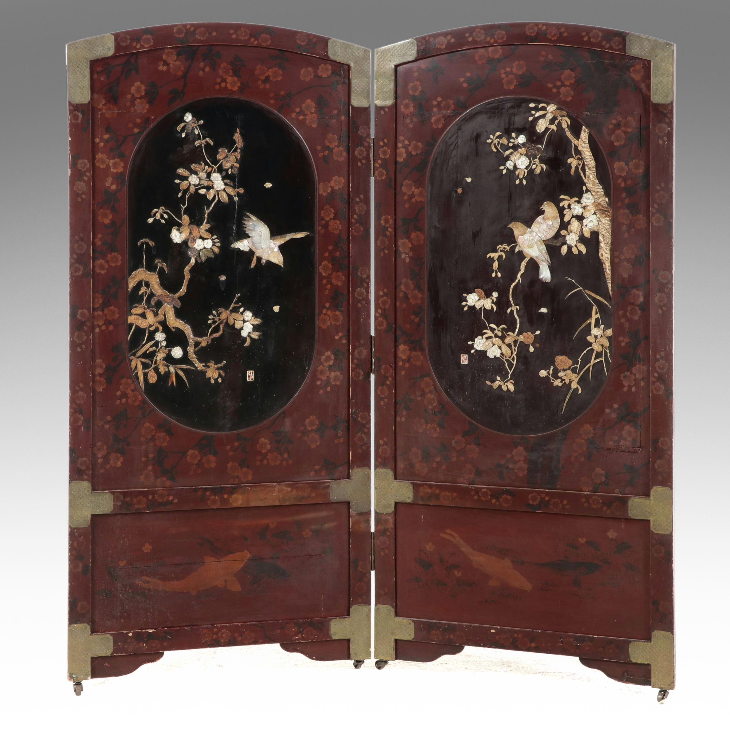 Chinese Lacquered Two-Panel Screen with Inset Mother-of-Pearl Bird Motifs