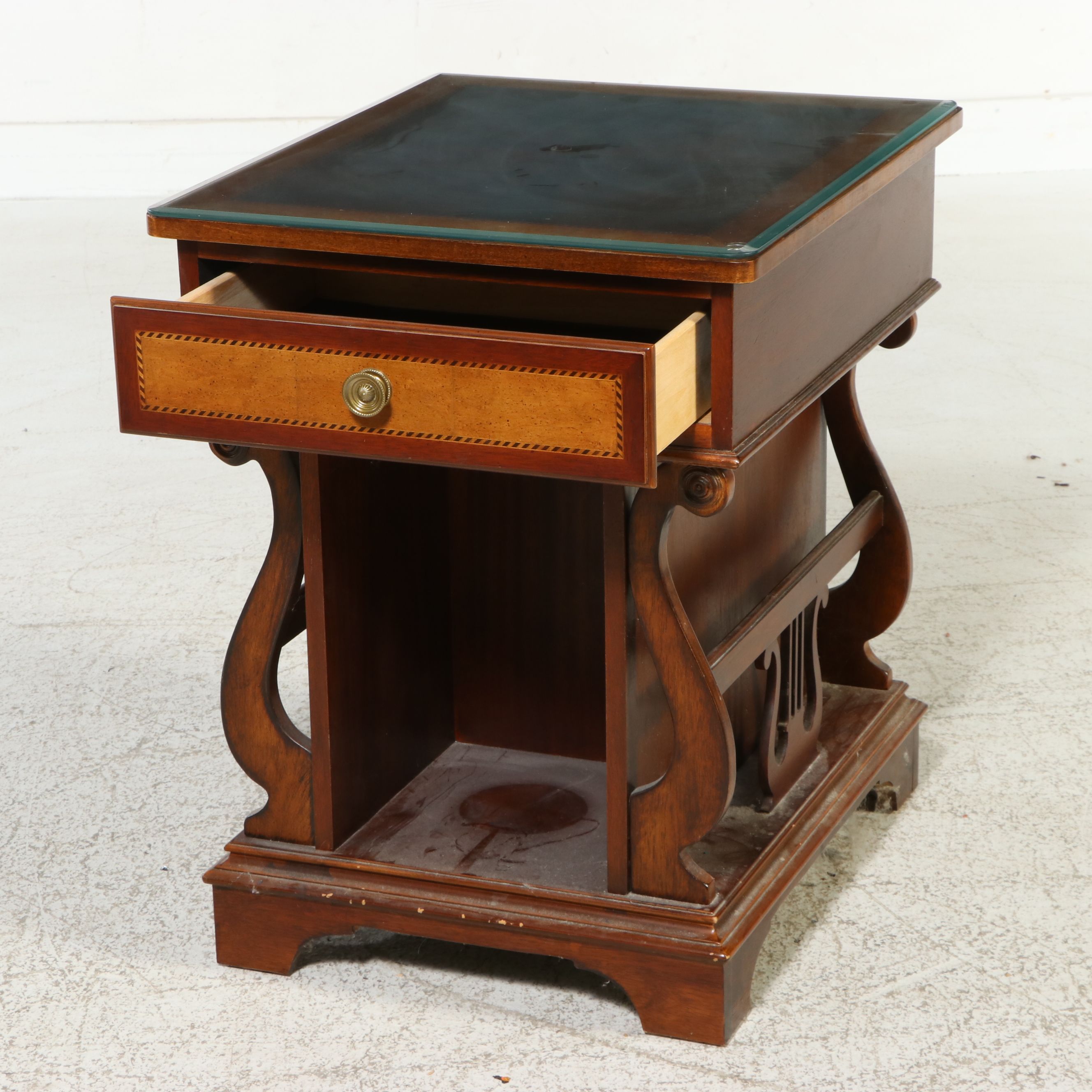 Duncan Phyfe Style Mahogany Lyre-Base Side Table with Tooled Leather Top