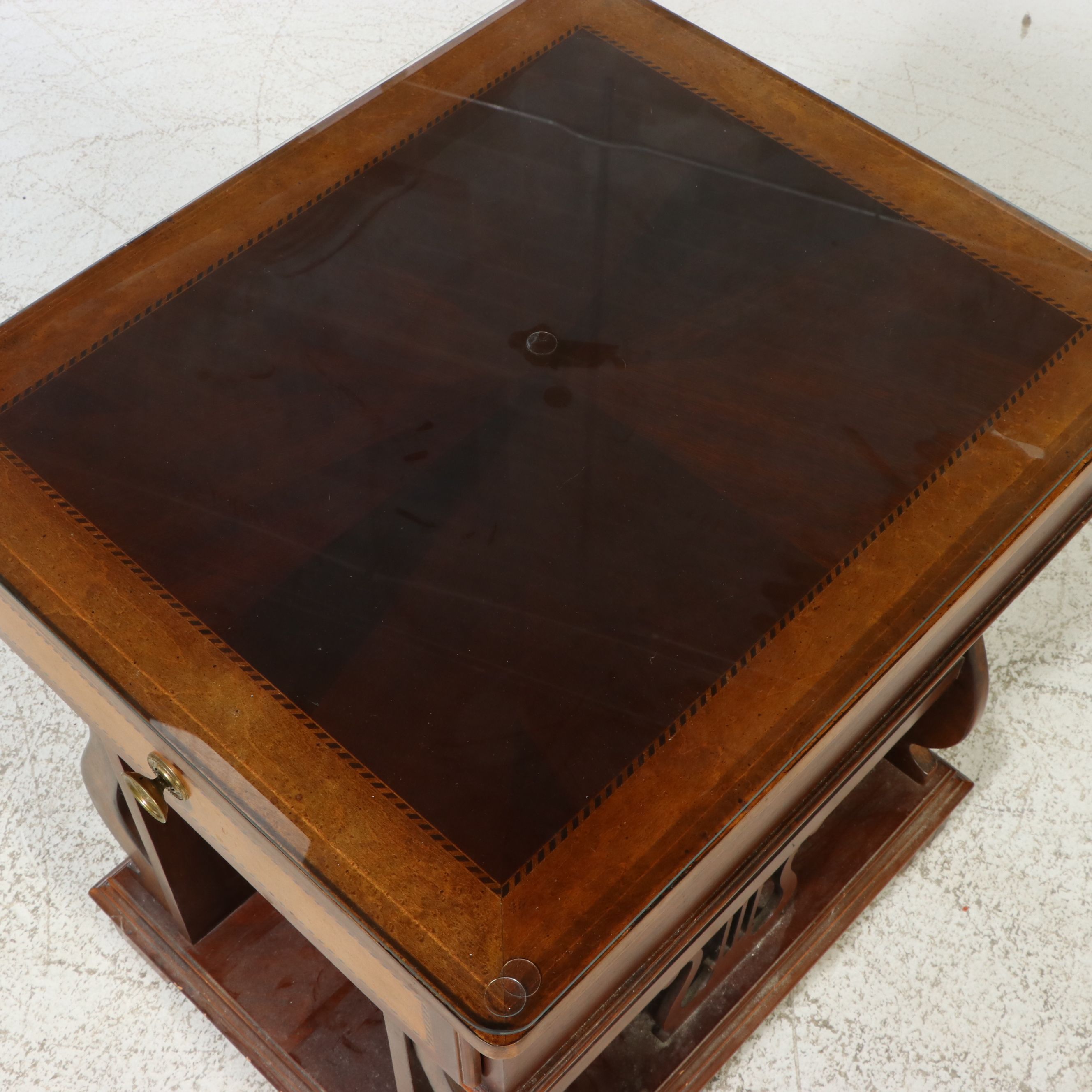 Duncan Phyfe Style Mahogany Lyre-Base Side Table with Tooled Leather Top
