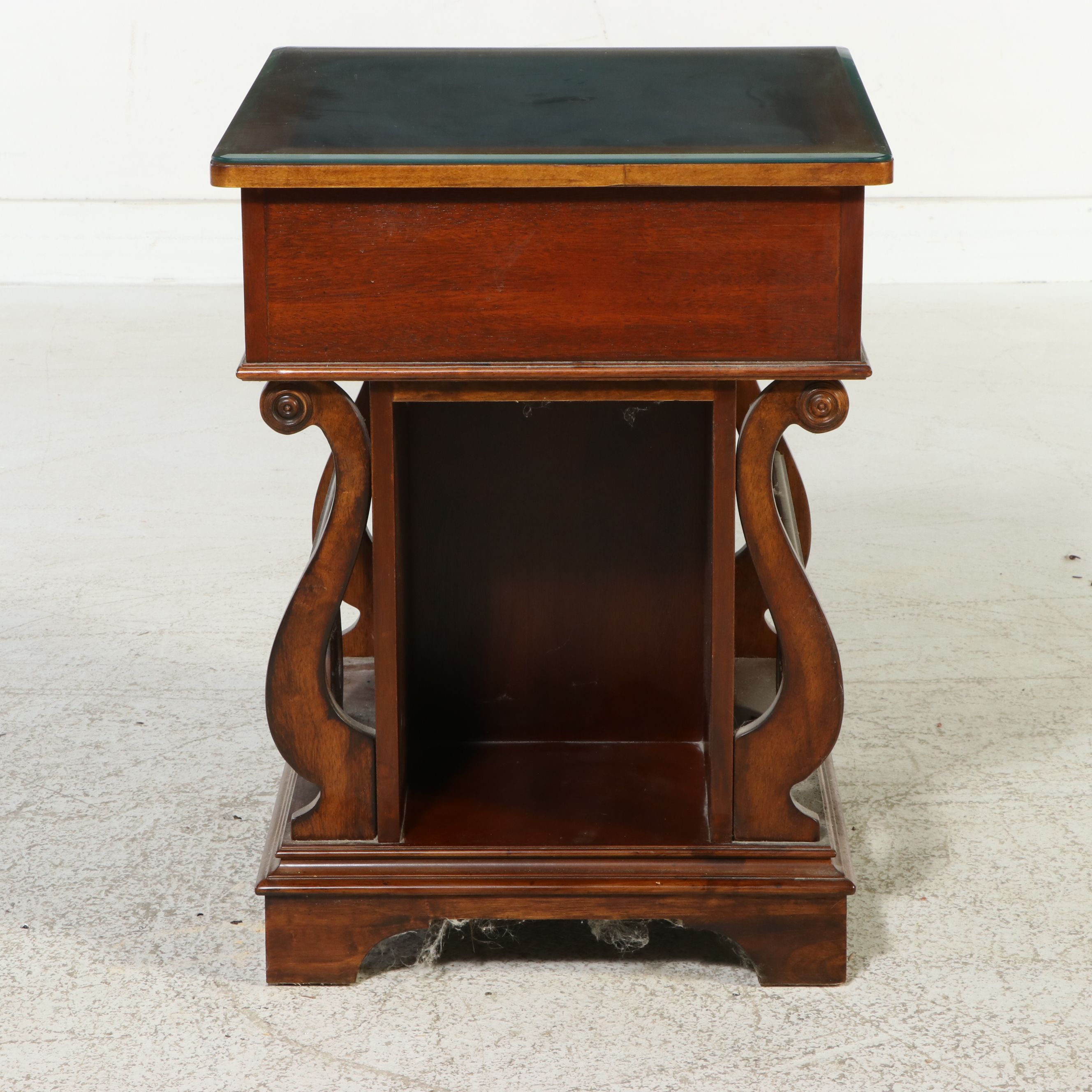 Duncan Phyfe Style Mahogany Lyre-Base Side Table with Tooled Leather Top