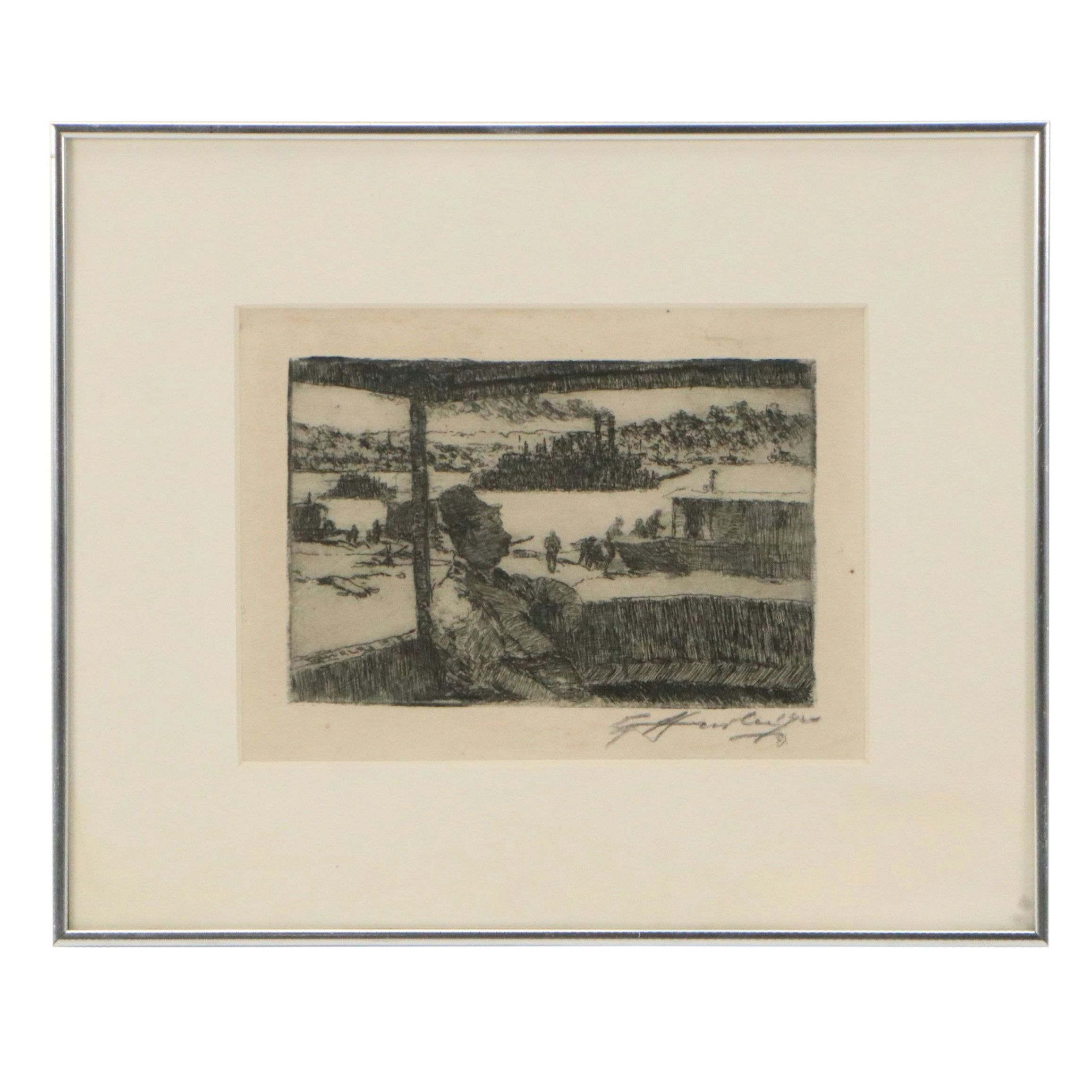 Edward T. Hurley Etching of Man Smoking, Early 20th Century