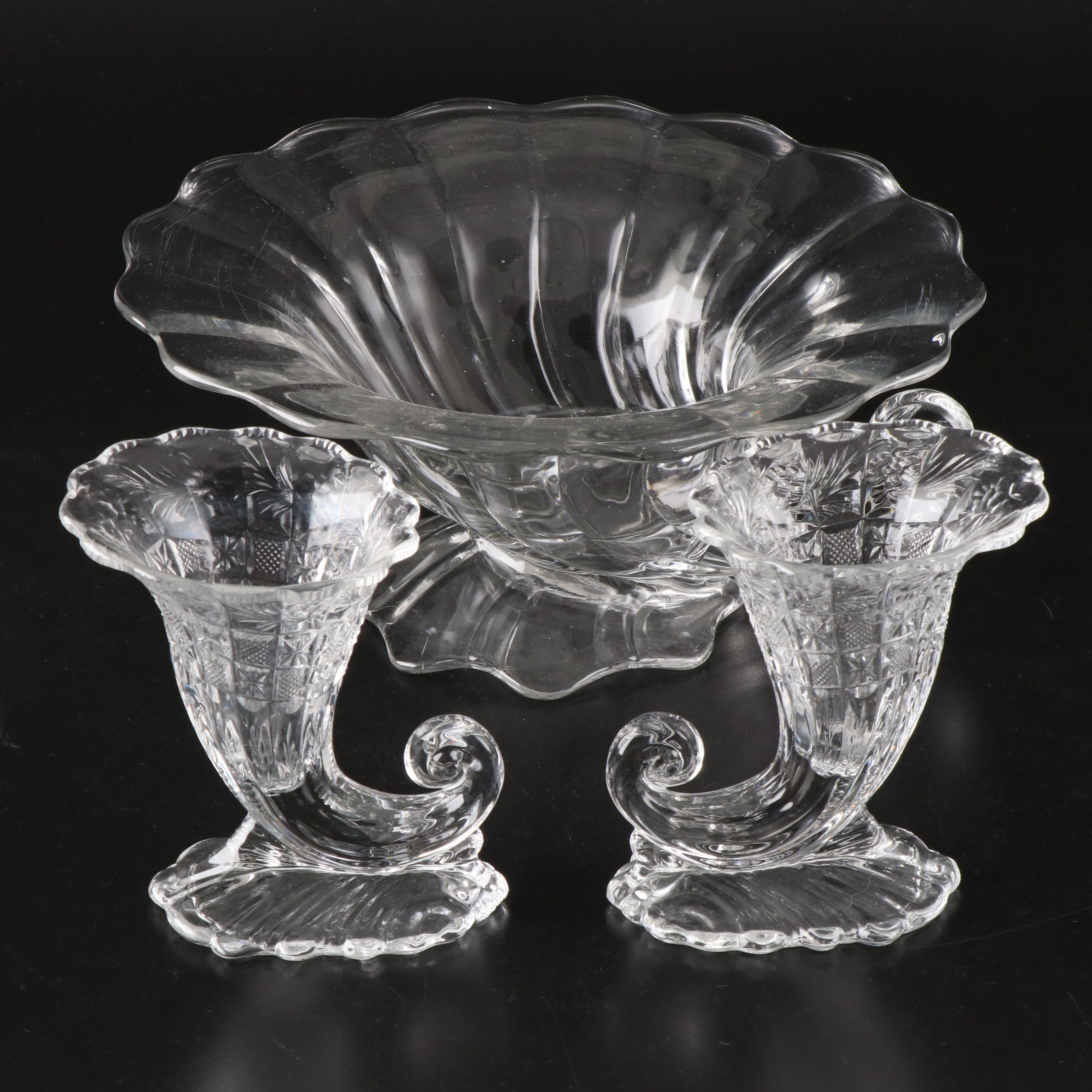 Heisey "Warwick Clear" Glass Centerpiece with Other Cornucopia Vases