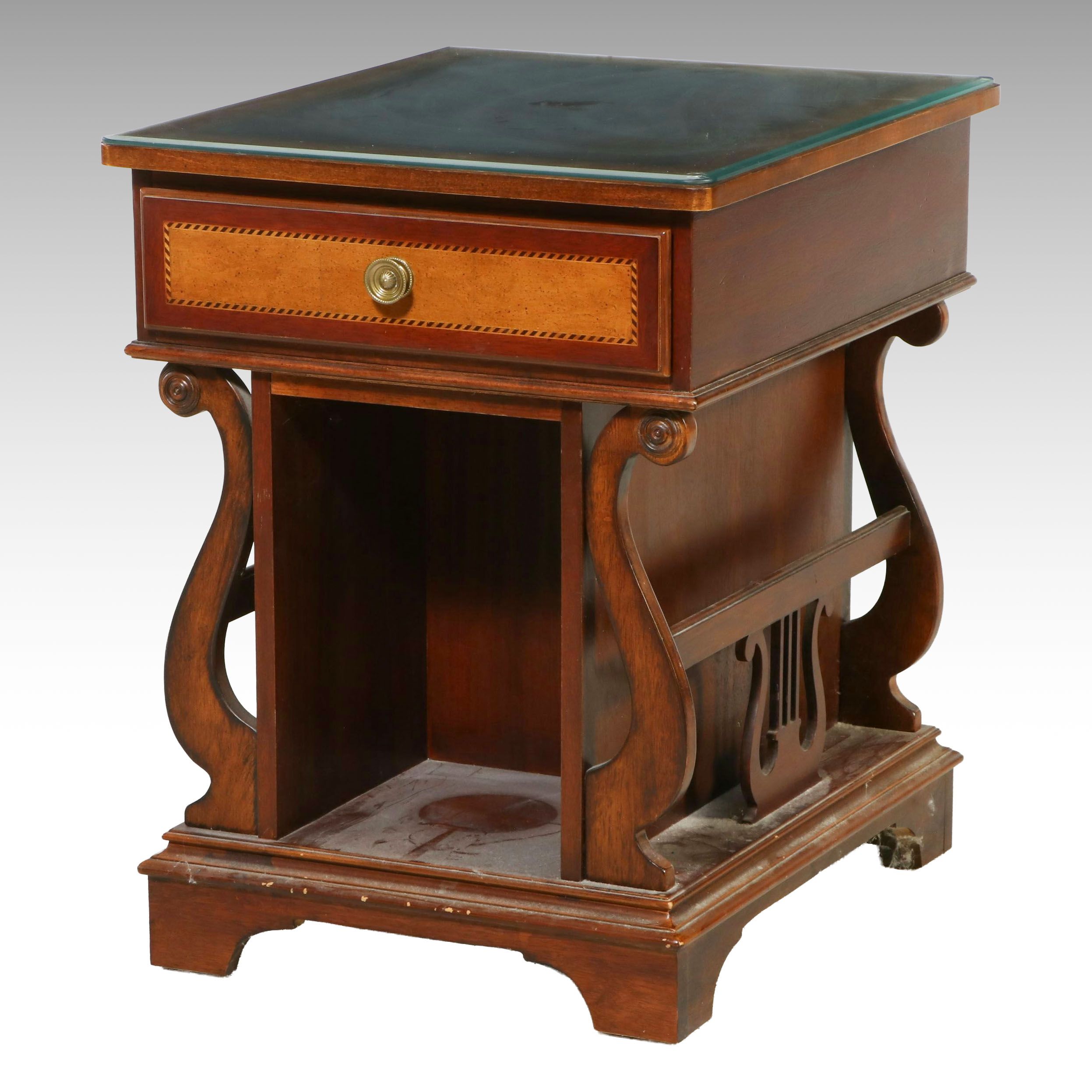 Duncan Phyfe Style Mahogany Lyre-Base Side Table with Tooled Leather Top