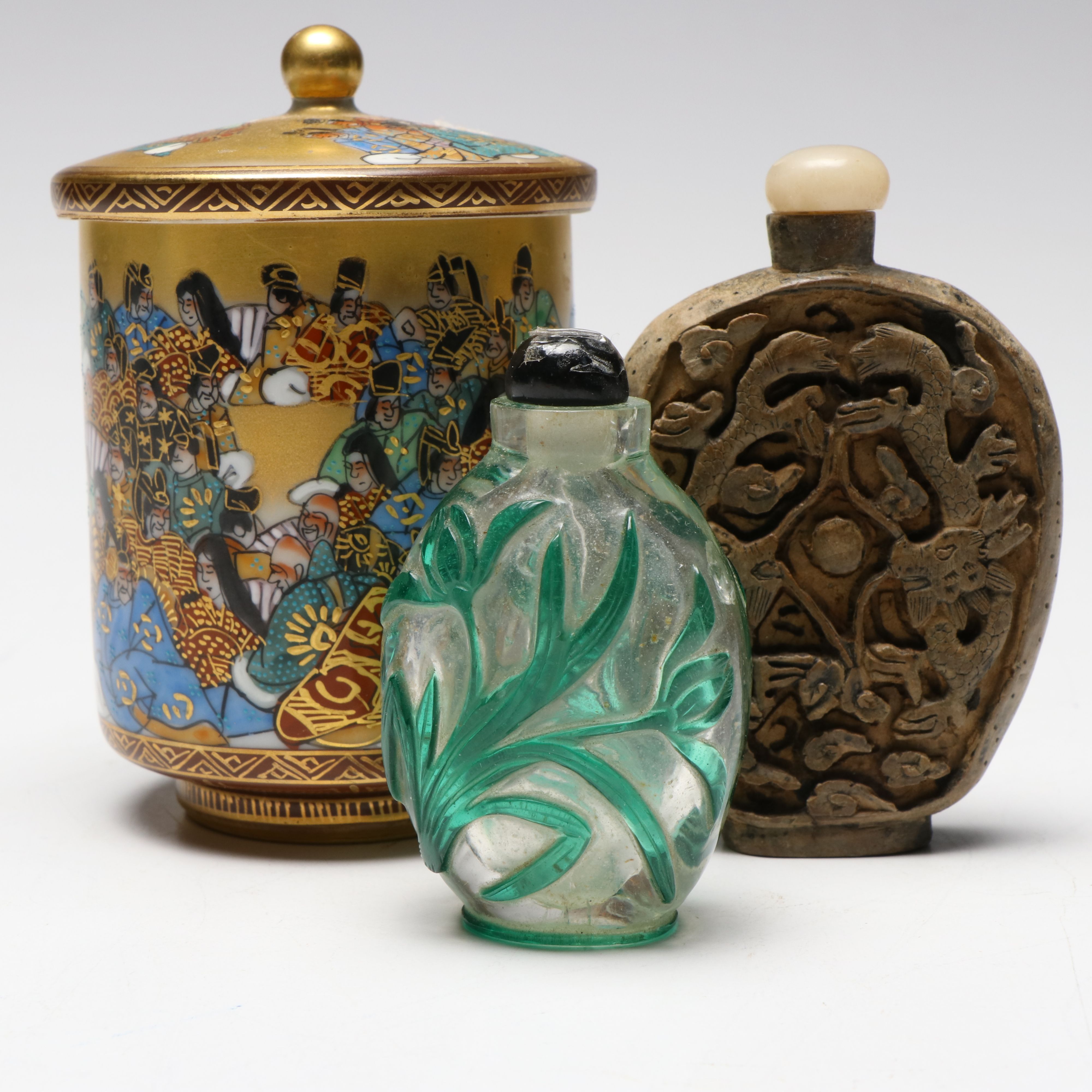 Japanese Hand-Painted Porcelain Jar with East Asian Wood and Glass Snuff Bottles