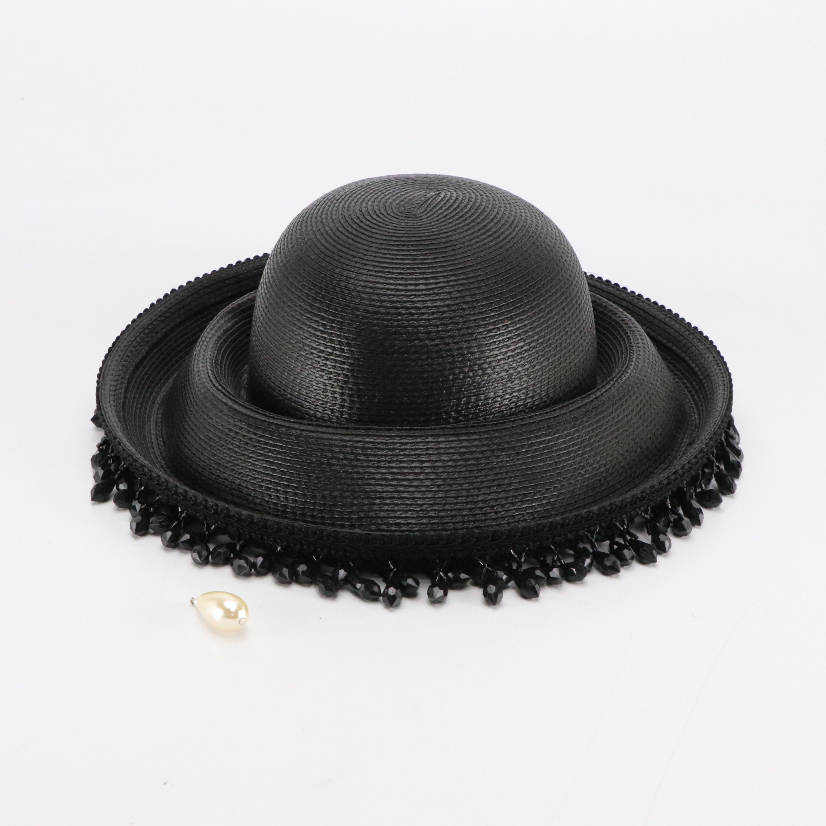 Curated Victor Costa B&W Striped Pearl Accented Strapless Evening Gown & Hat