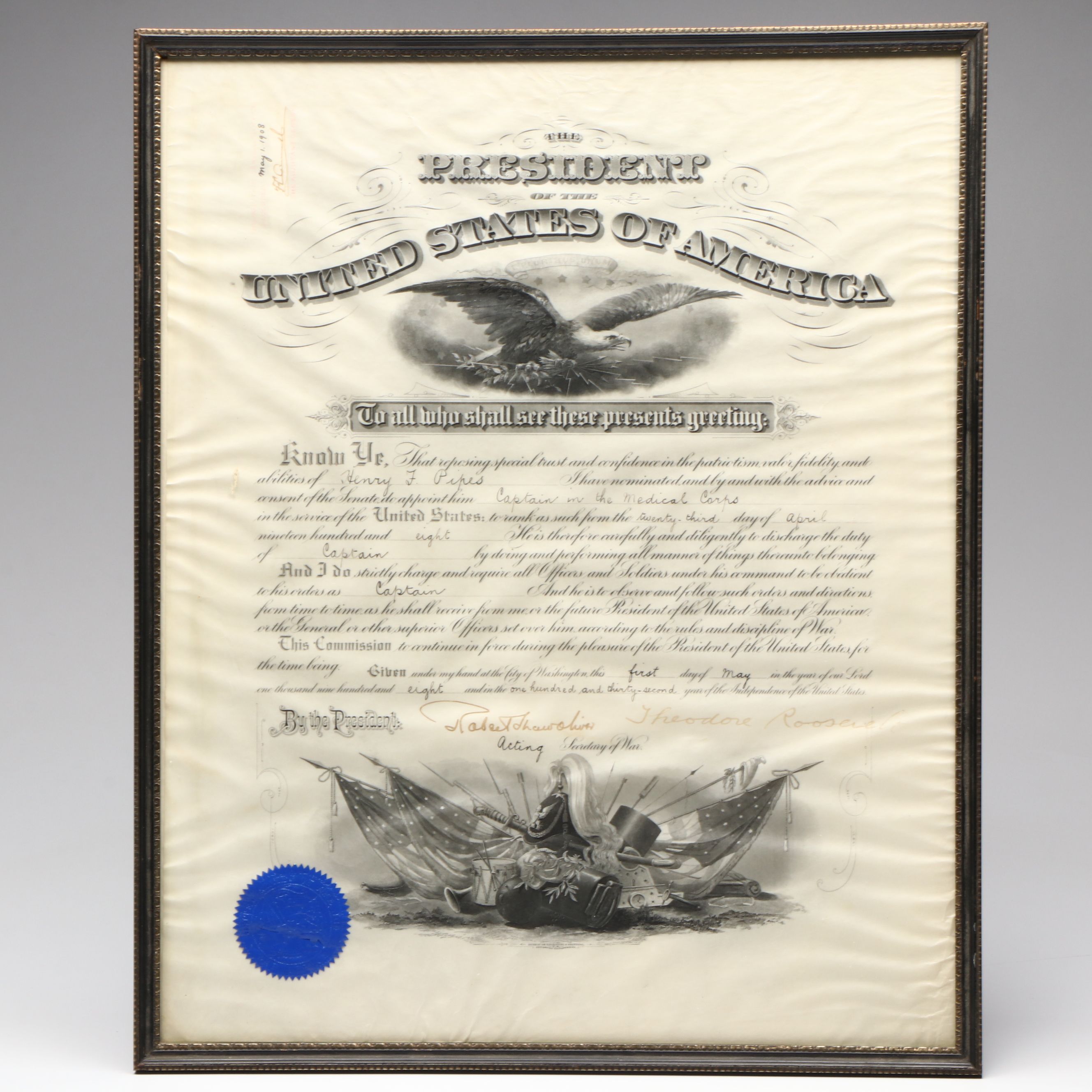 Theodore Roosevelt Signed Military Appointment Document, 1908