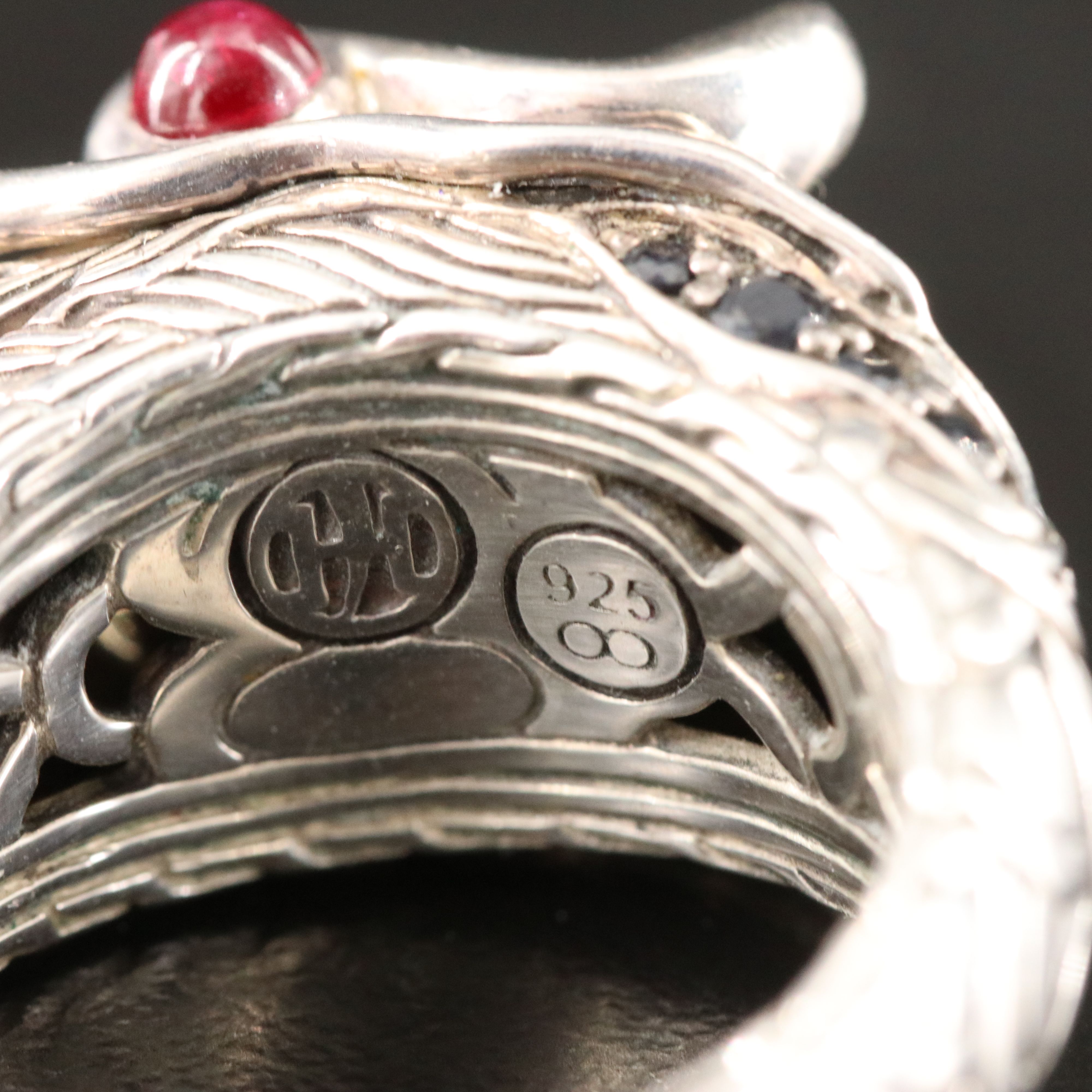 John Hardy Legends Naga Sterling Black Sapphire, Spinel and Ruby Dragon Ring