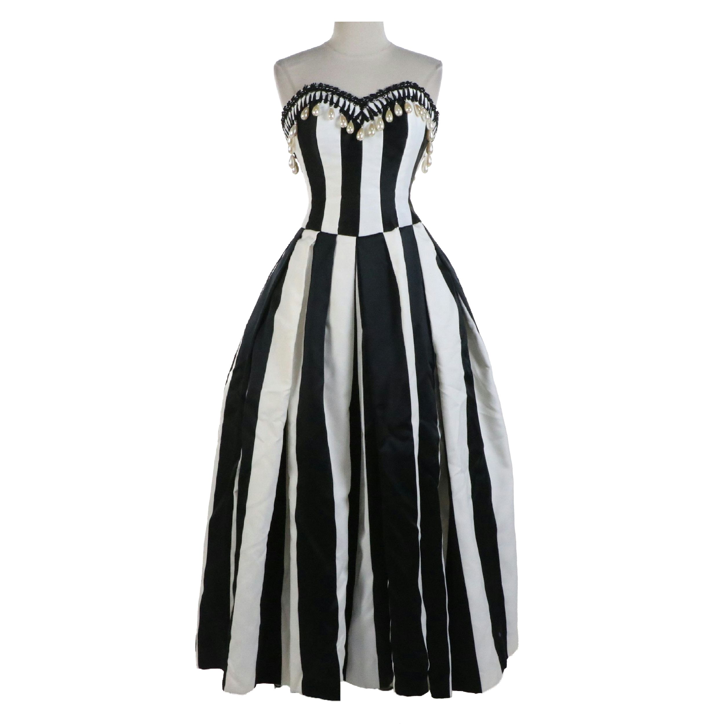 Curated Victor Costa B&W Striped Pearl Accented Strapless Evening Gown & Hat