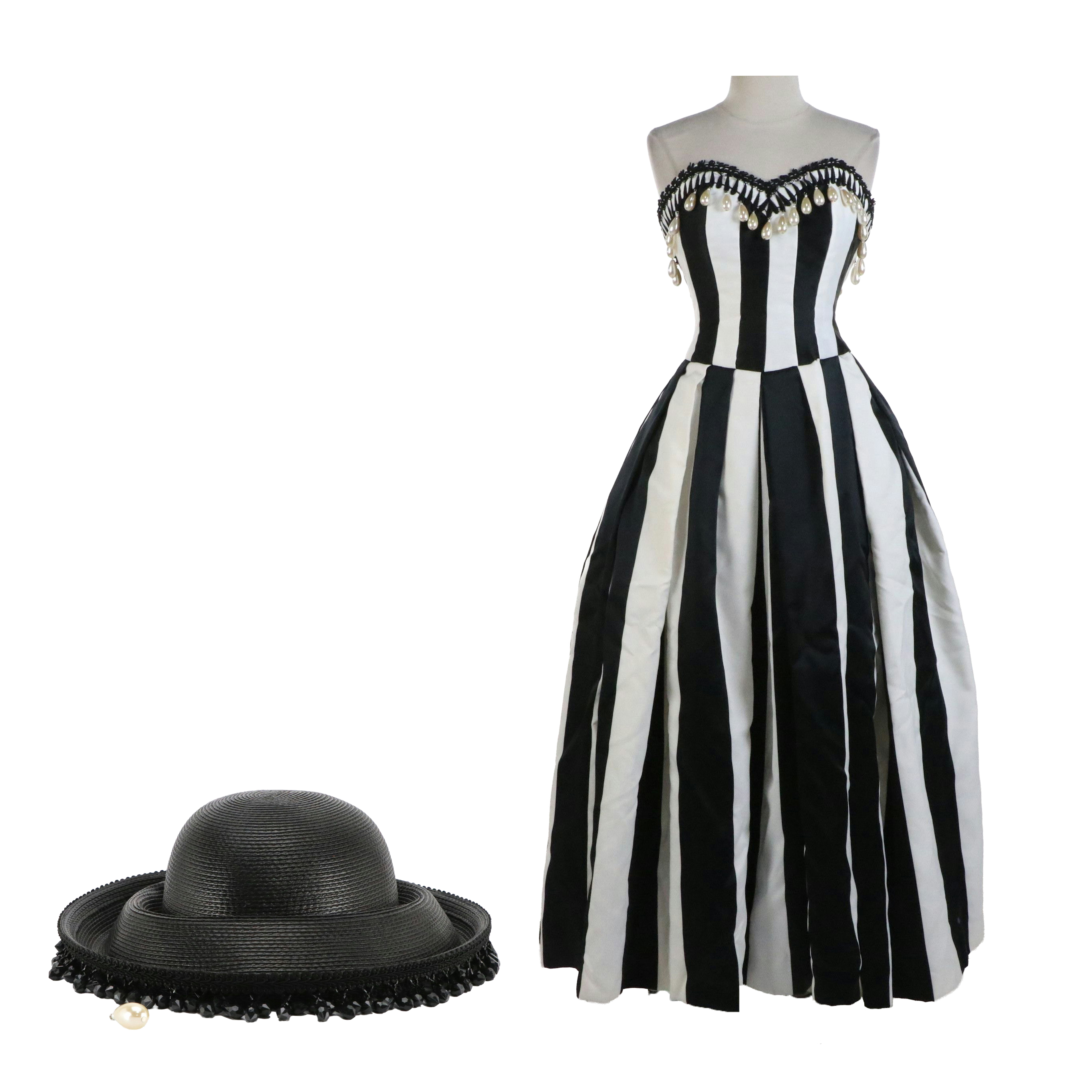 Curated Victor Costa B&W Striped Pearl Accented Strapless Evening Gown & Hat