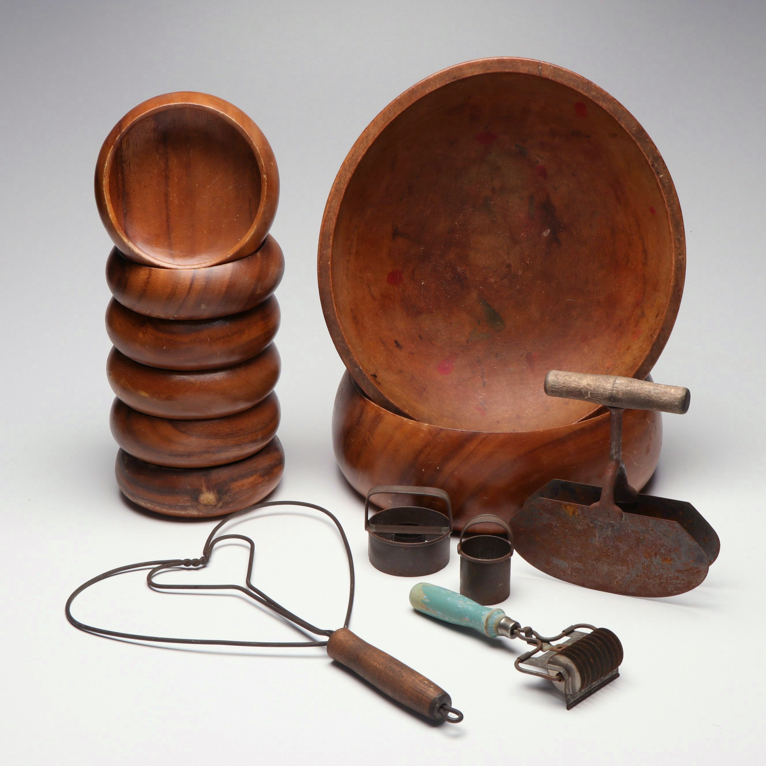 Mid Century Modern Style Mango Wood Bowls, Other Vintage Kitchen Utensils