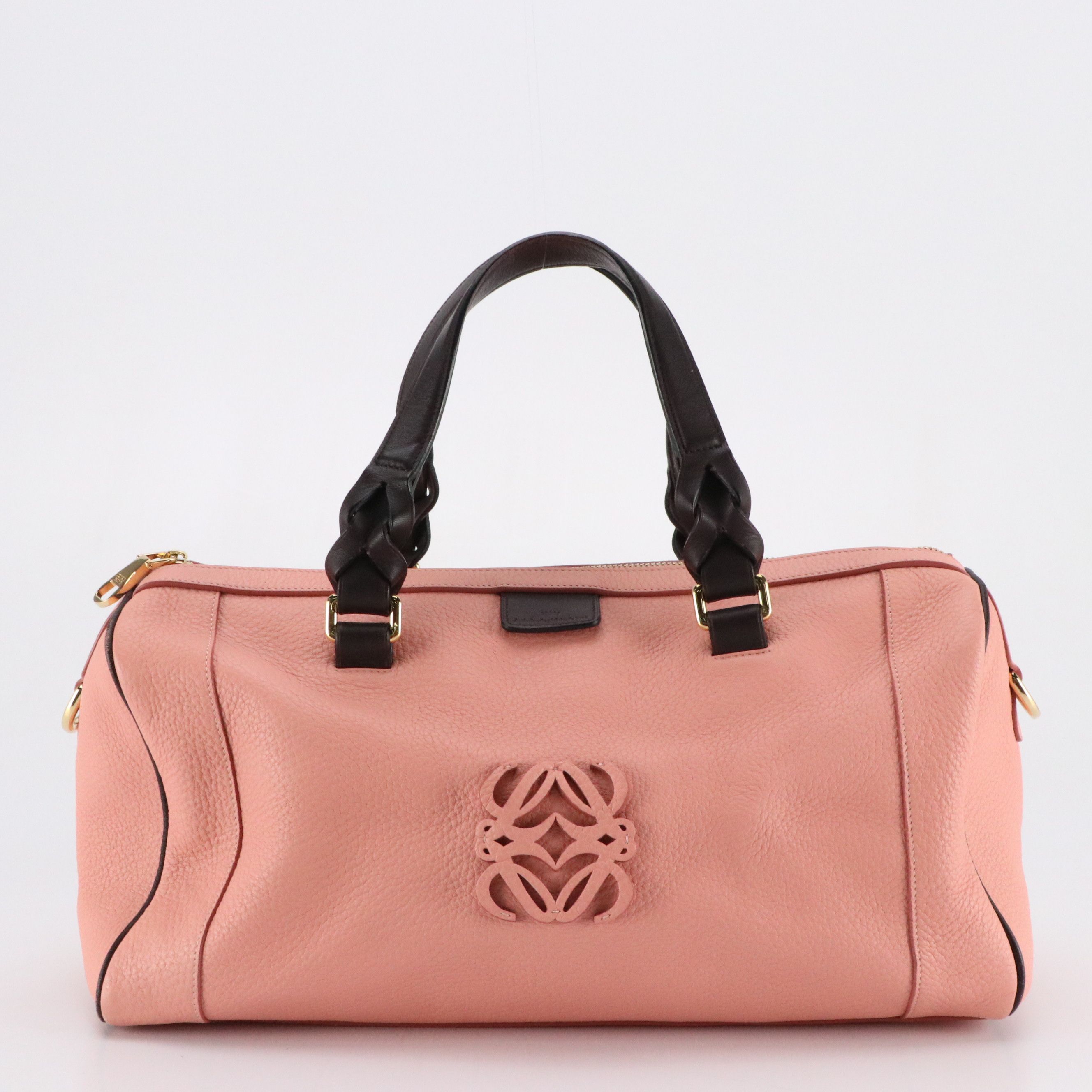 Loewe Zippered Boston Bag in Pink Grained Leather and Black Trim