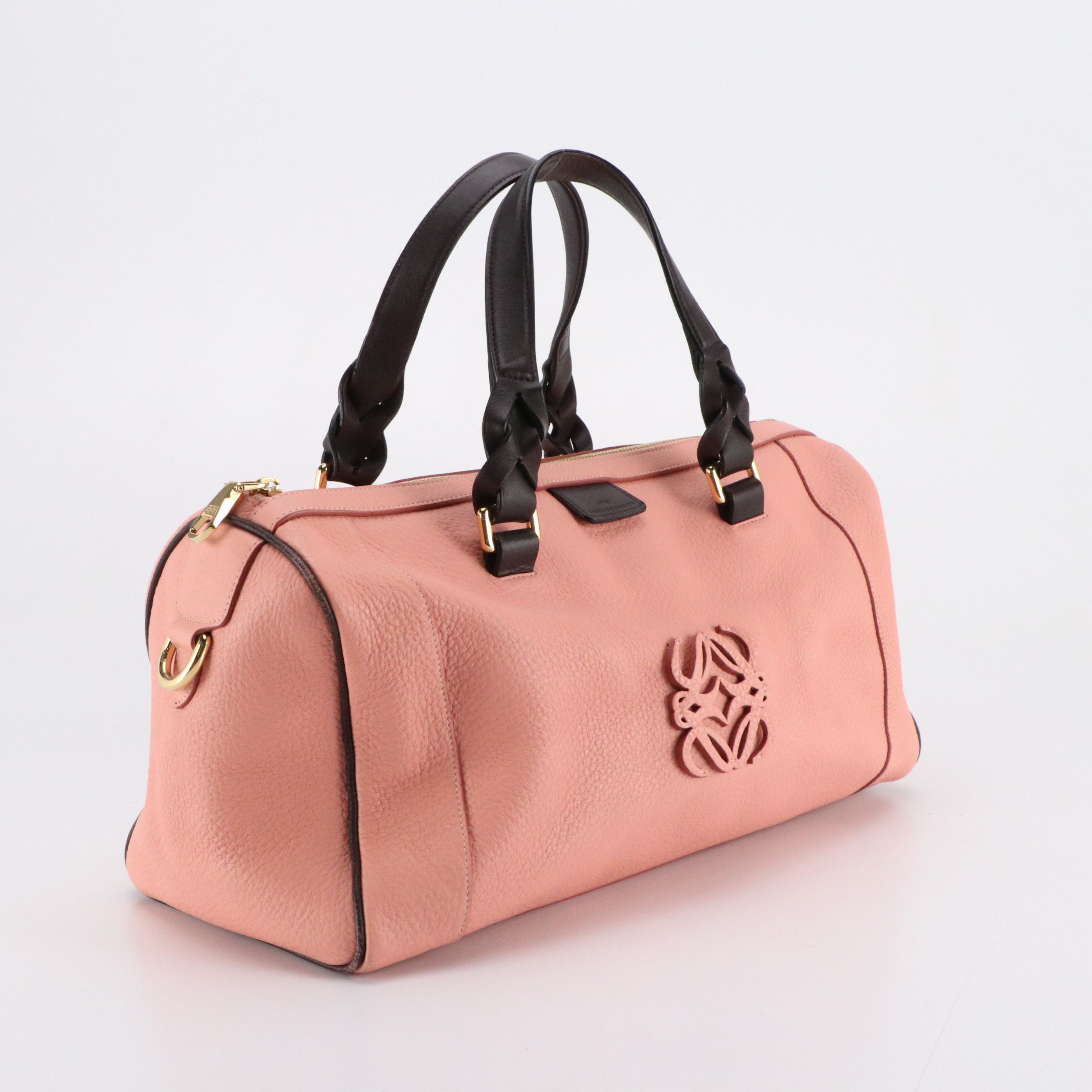 Loewe Zippered Boston Bag in Pink Grained Leather and Black Trim